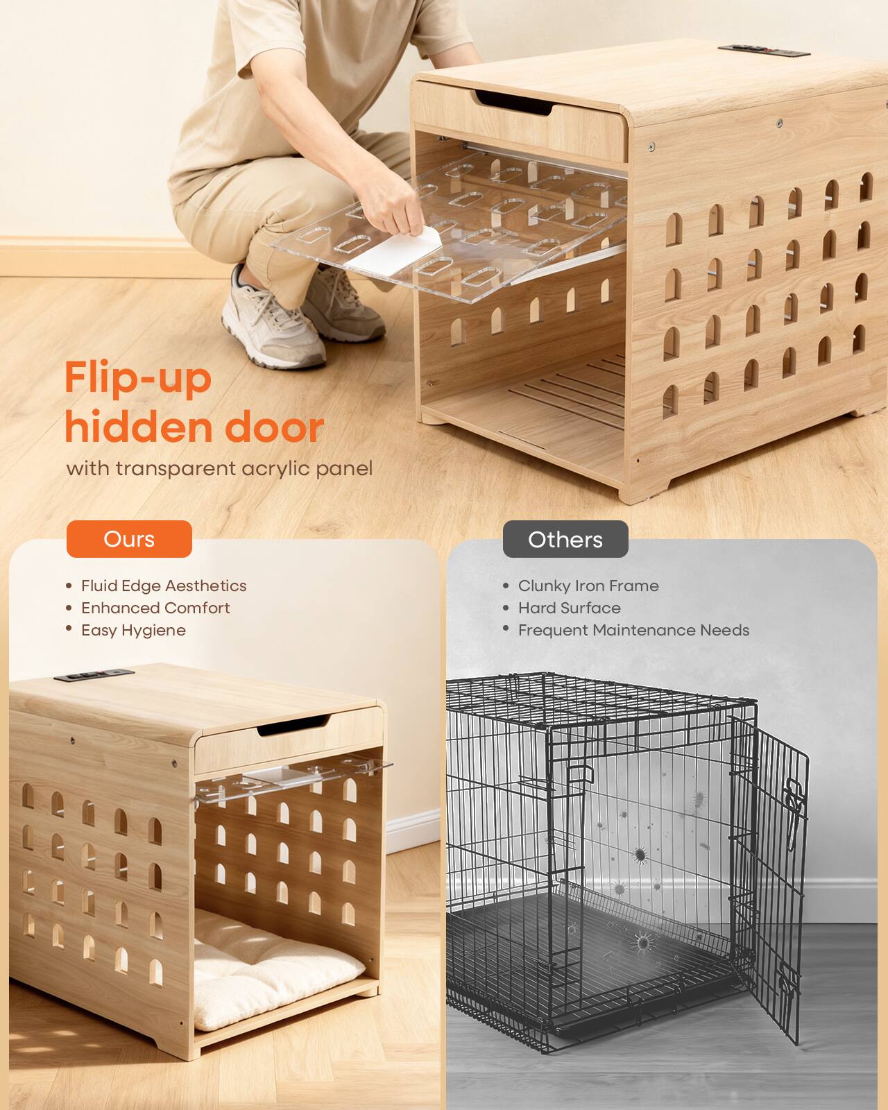 Flip-up hidden door with transparent acrylic panel

Ours:
- Fluid Edge Aesthetics
- Enhanced Comfort
- Easy Hygiene

Others:
- Clunky Iron Frame
- Hard Surface
- Frequent Maintenance Needs