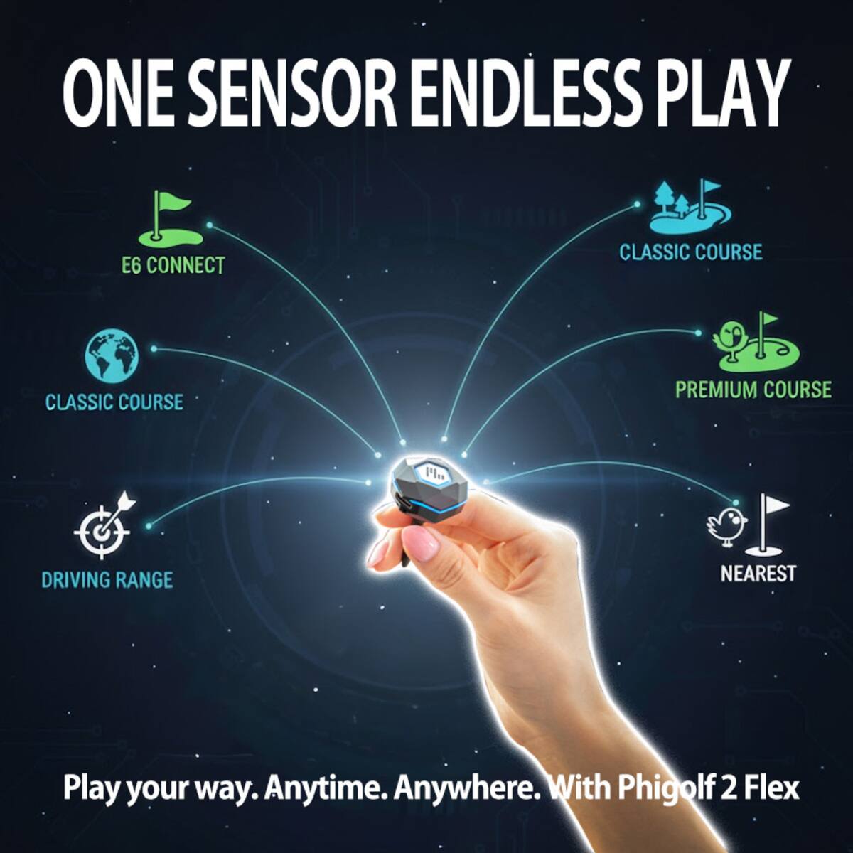 ONE SENSOR ENDLESS PLAY

E6 CONNECT
CLASSIC COURSE
CLASSIC COURSE
PREMIUM COURSE
DRIVING RANGE
NEAREST

Play your way. Anytime. Anywhere. With Phigolf 2 Flex