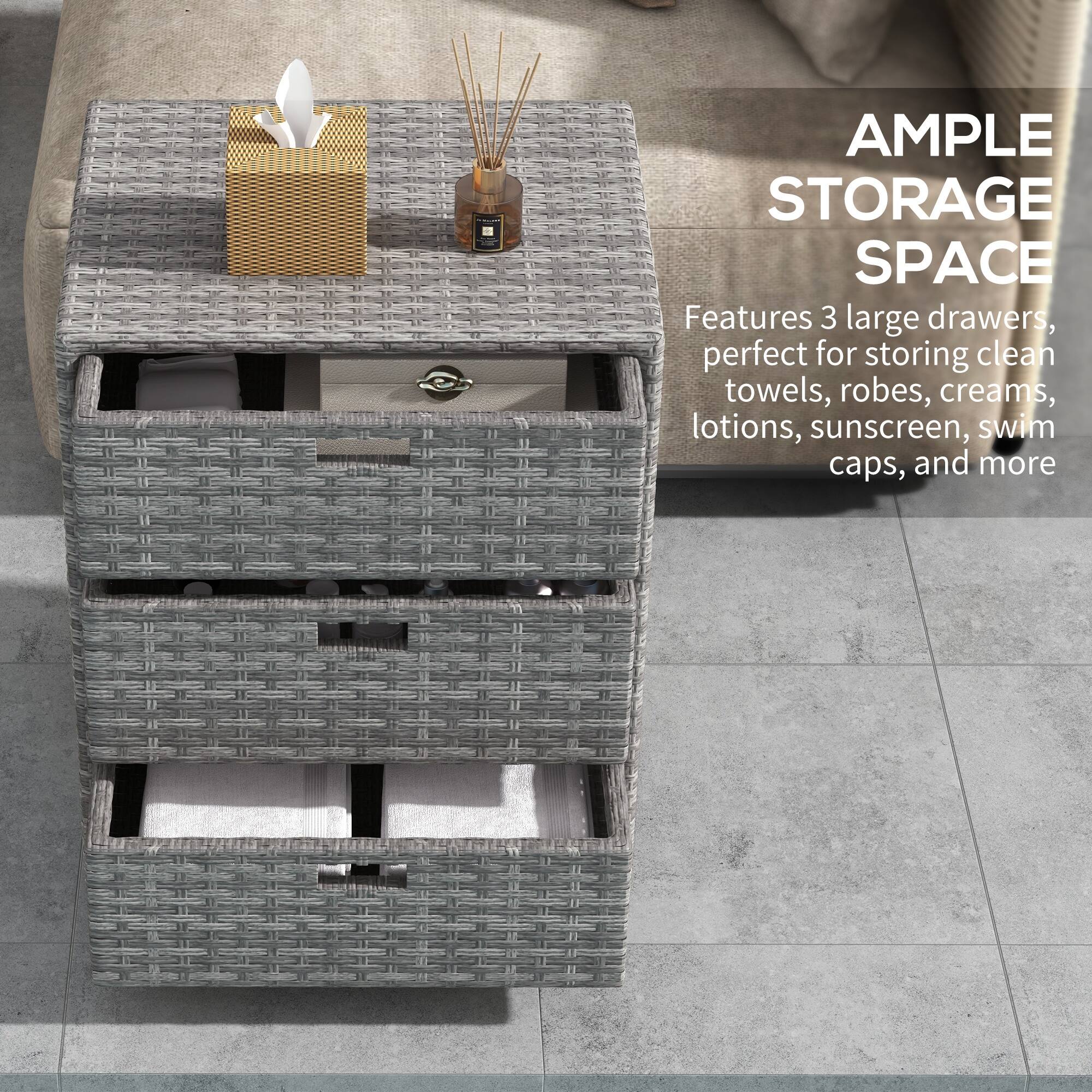 AMPLE STORAGE SPACE
Features 3 large drawers, perfect for storing clean towels, robes, creams, lotions, sunscreen, swim caps, and more