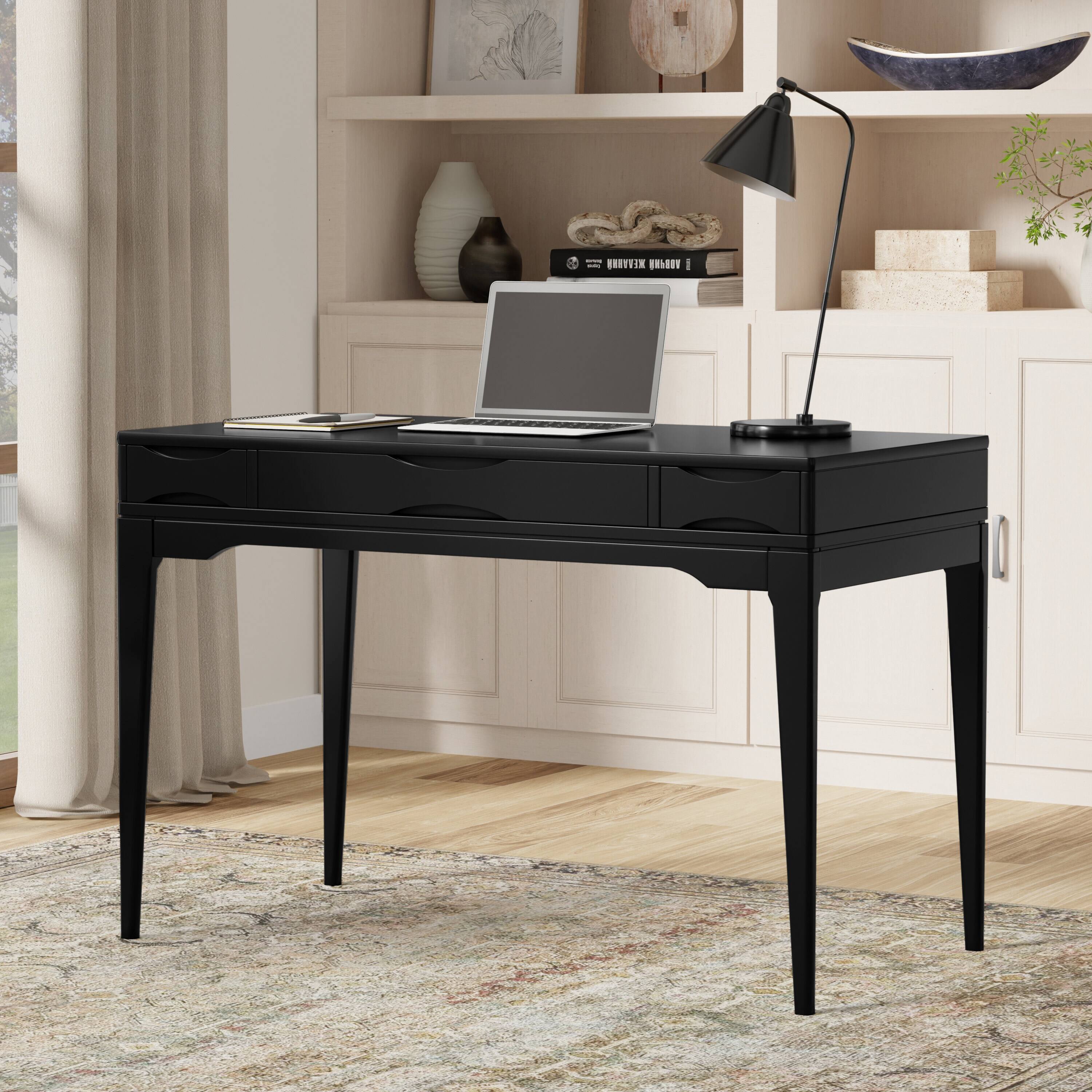 Angle. Simpli Home - Harper 48 inch Wide Solid Hardwood Mid-Century Modern Small Desk in Black - Black.