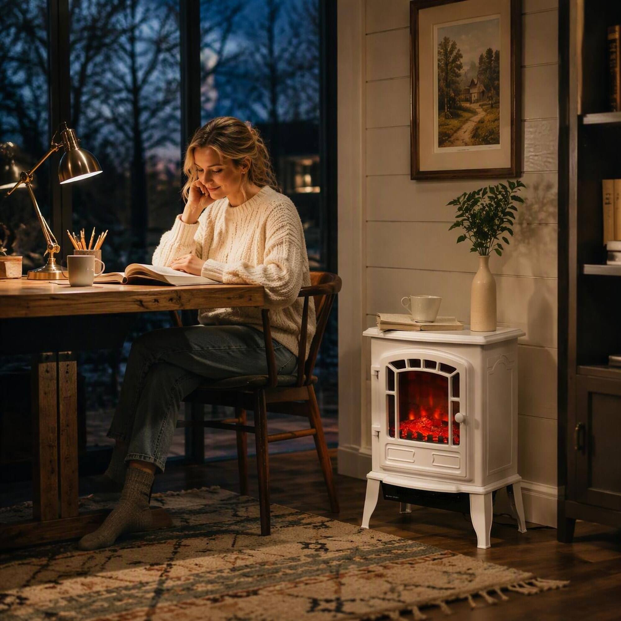 Left. RYHNUYNE - 22-Inch Freestanding Electric Fireplace Stove Heater with Realistic Flame Effect, 750W/1500W Adjustable Heat - White.