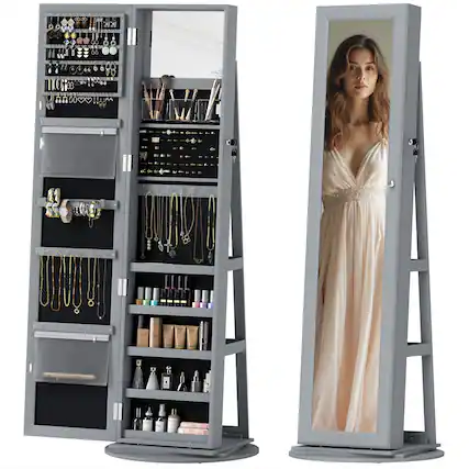 Front. Homcom - 360° Swivel Jewelry Cabinet: Full Mirror+Back Shelves Armoire - Gray.