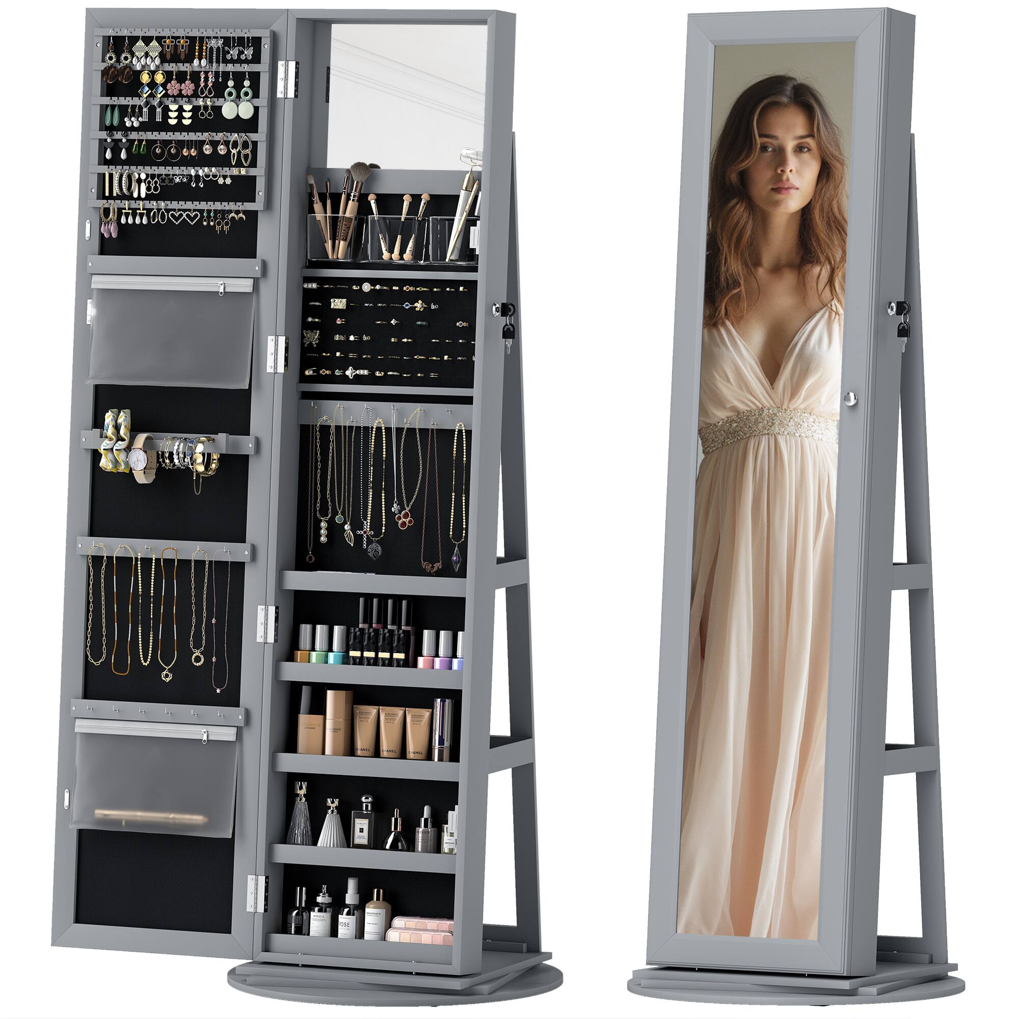 Front. Homcom - 360° Swivel Jewelry Cabinet: Full Mirror+Back Shelves Armoire - Gray.