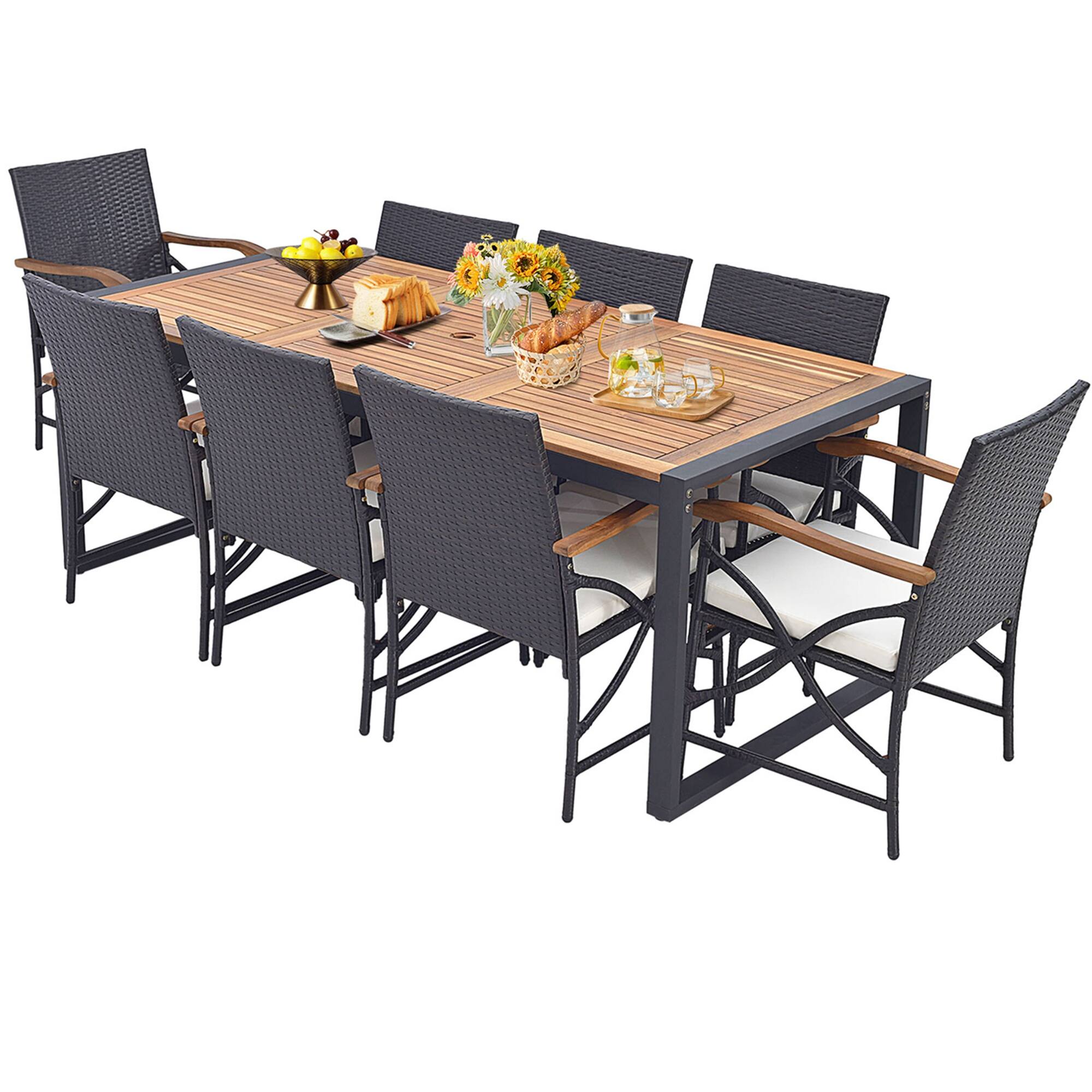 Alt View 7. Costway - 9 Pieces  Patio Rattan Dining Set with Acacia Wood Table, 1.9" Umbrella Hole - Mix Brown + Off White.