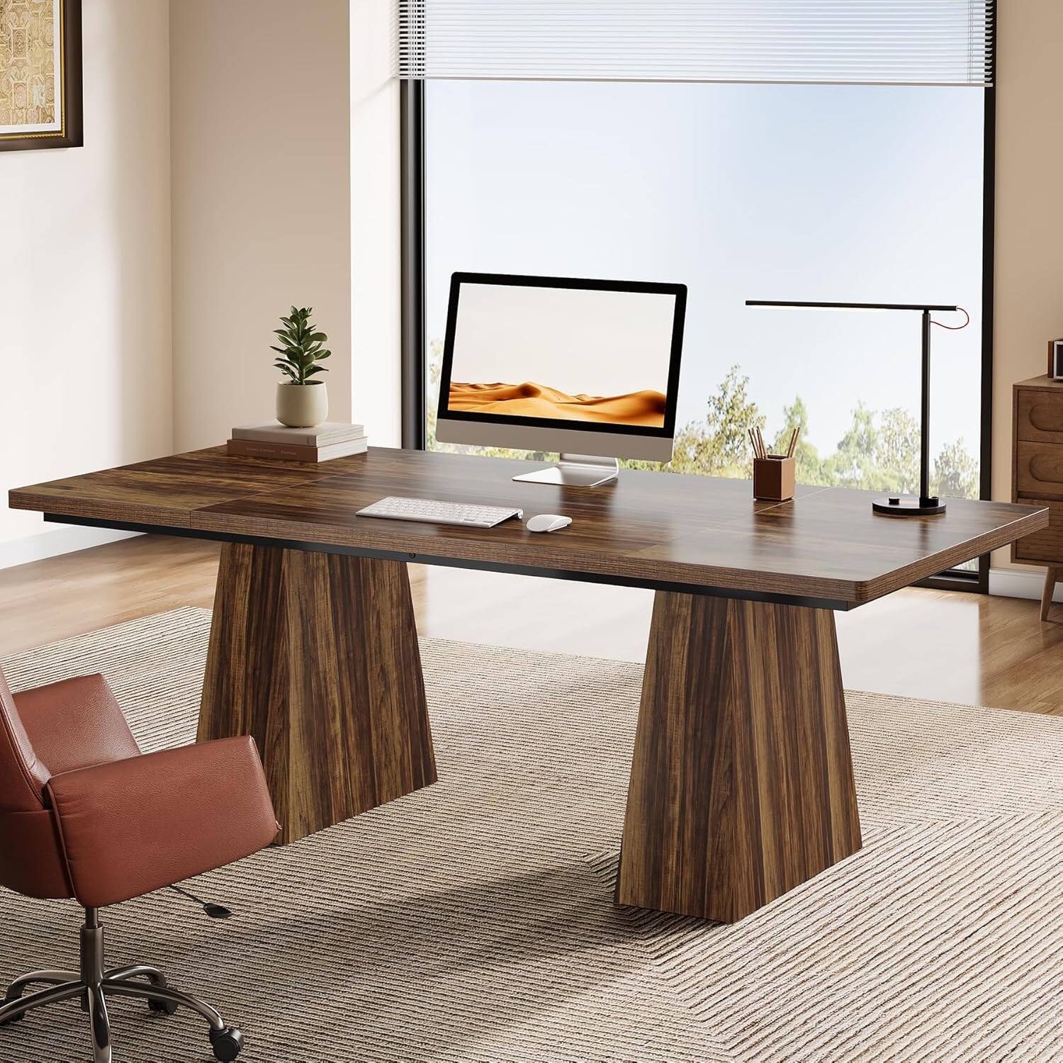Back. Tribesigns - Office Executive Desk with Pedestal Base, Rectangular Top, for Computer Work and Writing in Home Offices - Dark Brown.