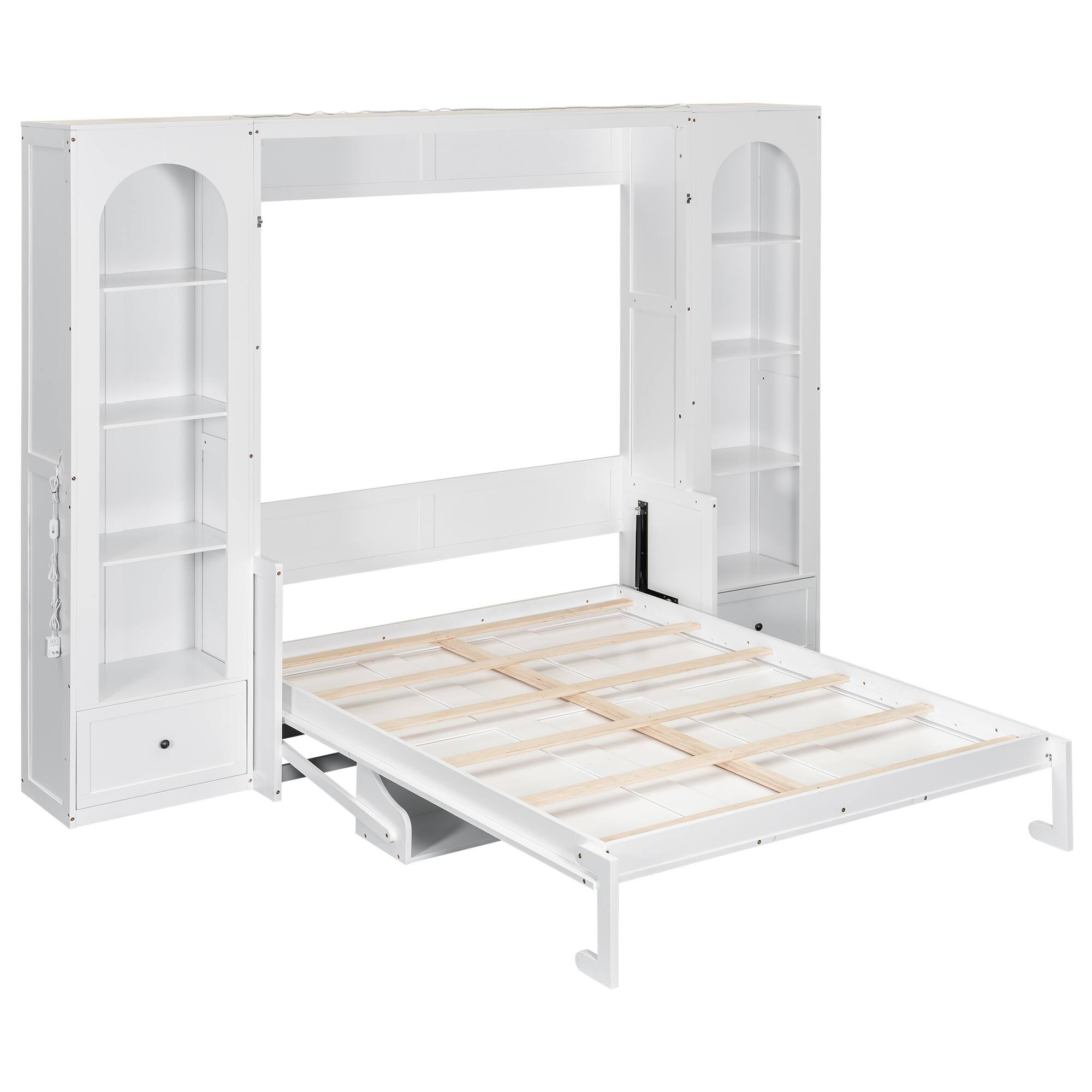 Back. Whisen - Queen Size Murphy Bed with Shelves, Storage Cabinets, Drawers & LED Lights, Wood Platform Bed - White.