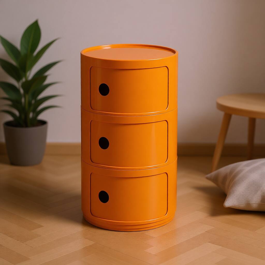 Angle. VIVZONE - Round 3-Layer Nightstand Storage Cabinet - Orange.