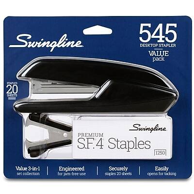 Swingline 545 DESKTOP STAPLER VALUE pack  
STAPLES 20 SHEETS  
Swingline PREMIUM S.F.4 Staples 1250  

Value 3-in-1 set collection  
Engineered for jam-free use  
Securely staples 20 sheets  
Easily opens for tacking