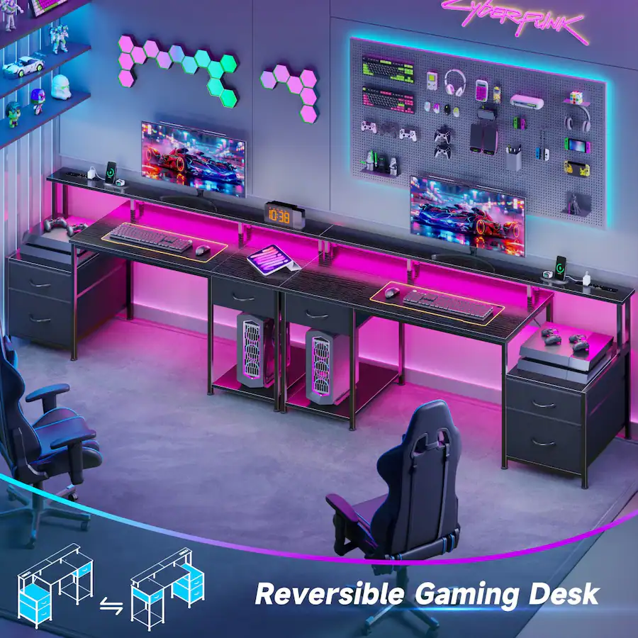 Outlet Flashlight Furnulem Gaming Desk with LED Lights Power Outlets Monitor Stand and ...