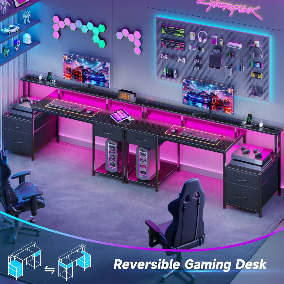 Furnulem Gaming Desk with LED Lights Power Outlets Monitor Stand and ...