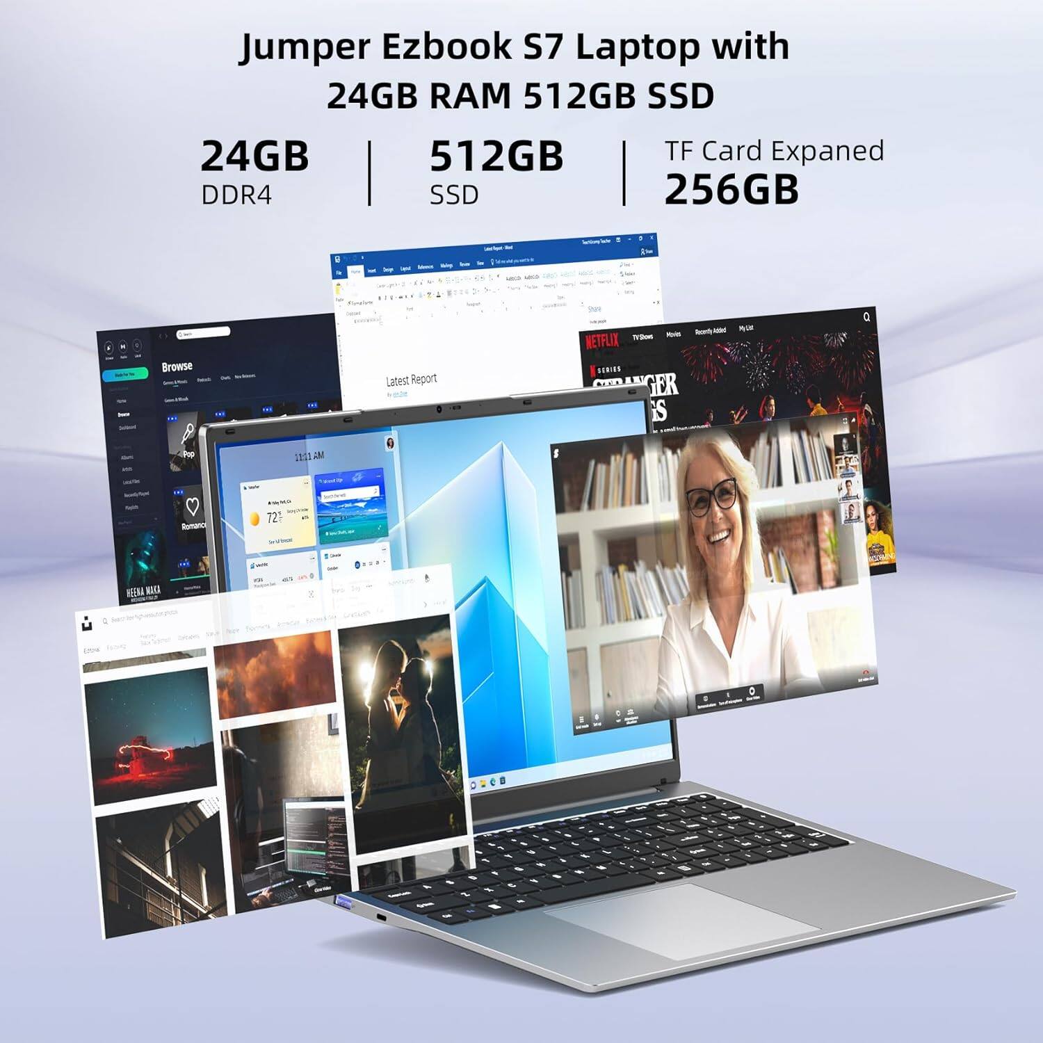Jumper Ezbook S7 Laptop with 24GB RAM, 512GB SSD, 24GB 512GB TF Card Expanded, 256GB SSD. Browse Latest Report - Netflix Series.