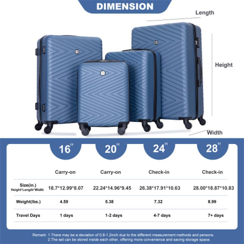 DIMENSION

Length Height 16" 20" 24" 28"  
Width

Carry-on Carry-on Check-in Check-in

Size (in.)  
18.7*12.99*8.07  
22.24*14.96*9.45  
26.38*17.91*10.63  
28.00*18.87*10.83

Weight (lbs.)  
4.59  
5.38  
7.32  
8.99

Travel Days  
1 day  
1-2 days  
4-7 days  
7+ days

Remark:  
1. There may be a deviation of 0.8-1.2 inch due to the different measurement methods and persons.  
2. The set can be stored inside each other, offering more convenience and saving storage space.
