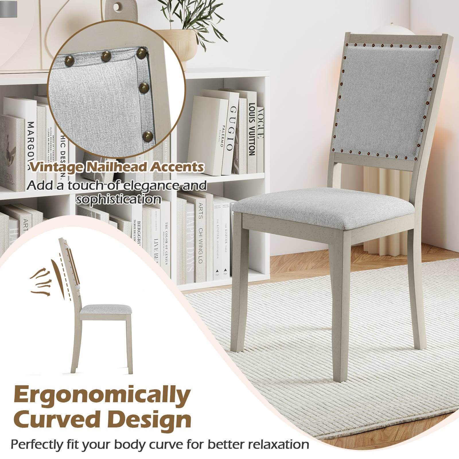 Vintage Nailhead Accents  
Add a touch of elegance and sophistication  

Ergonomically Curved Design  
Perfectly fit your body curve for better relaxation