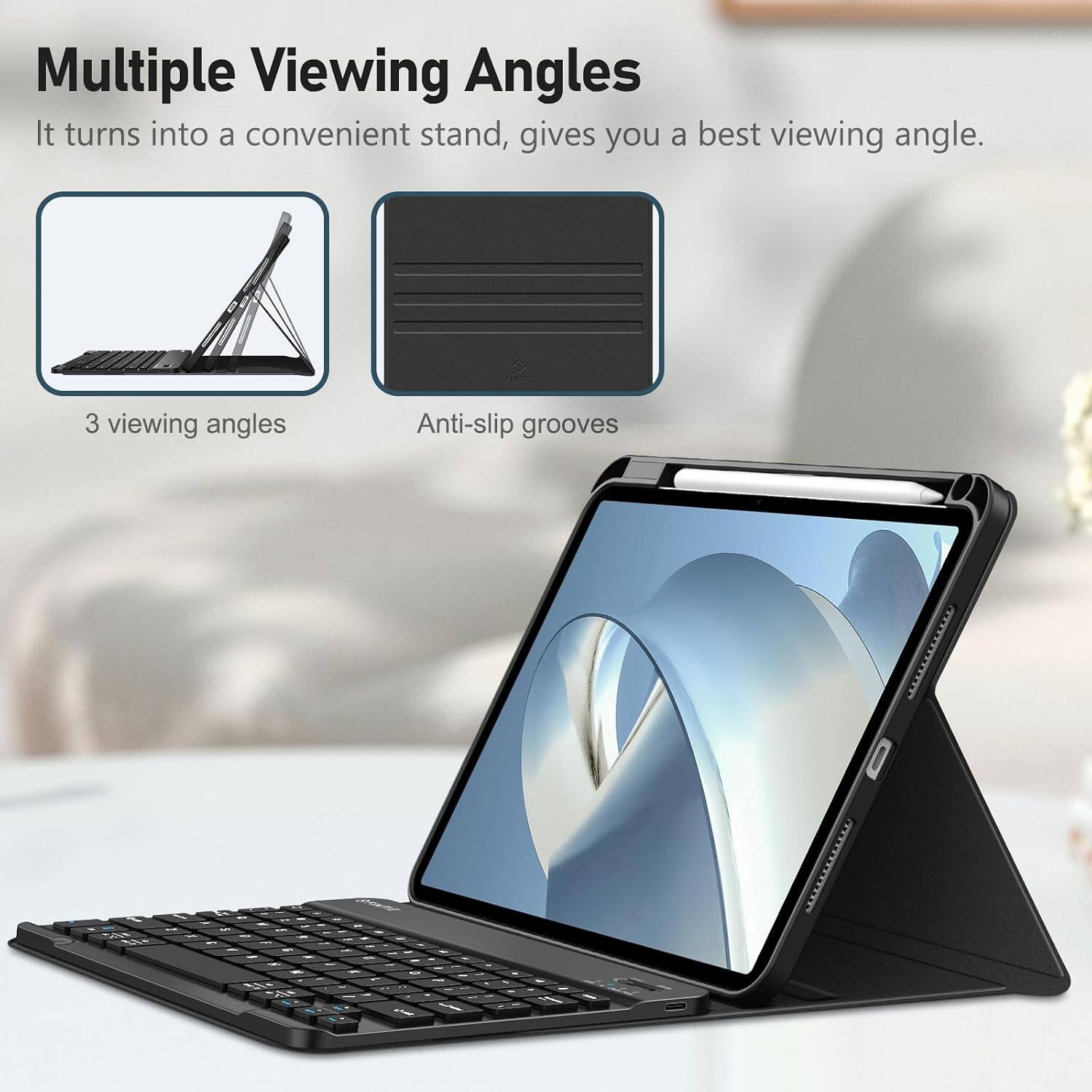 Multiple Viewing Angles  
It turns into a convenient stand, gives you a best viewing angle.  
3 viewing angles  
Anti-slip grooves