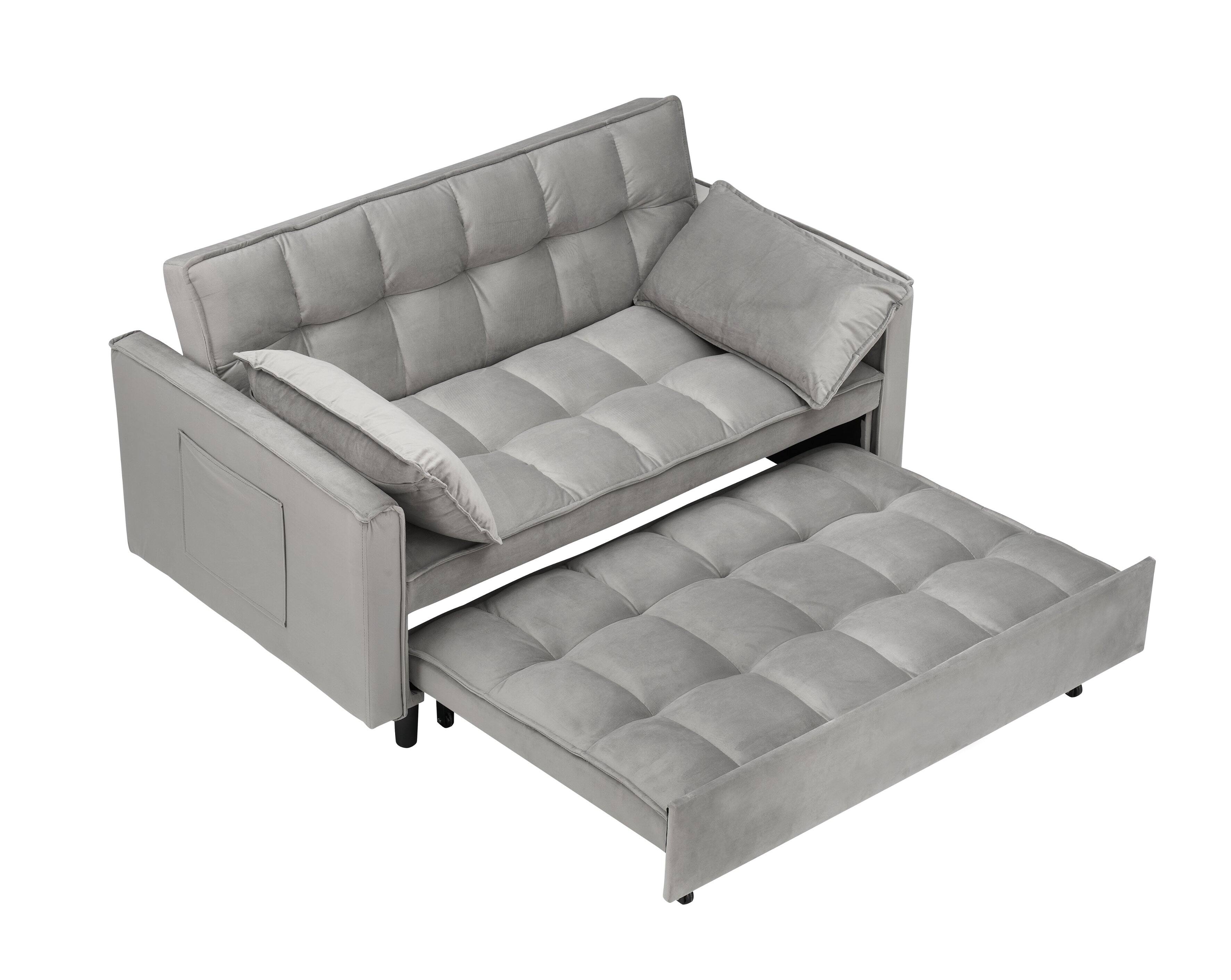 Angle. Trinkets Crazed - 3 in 1 Velvet Convertible Sleeper Sofa Bed, Futon Couches for Living Room with Side Pocket/Adjustable Backrest - Gray.