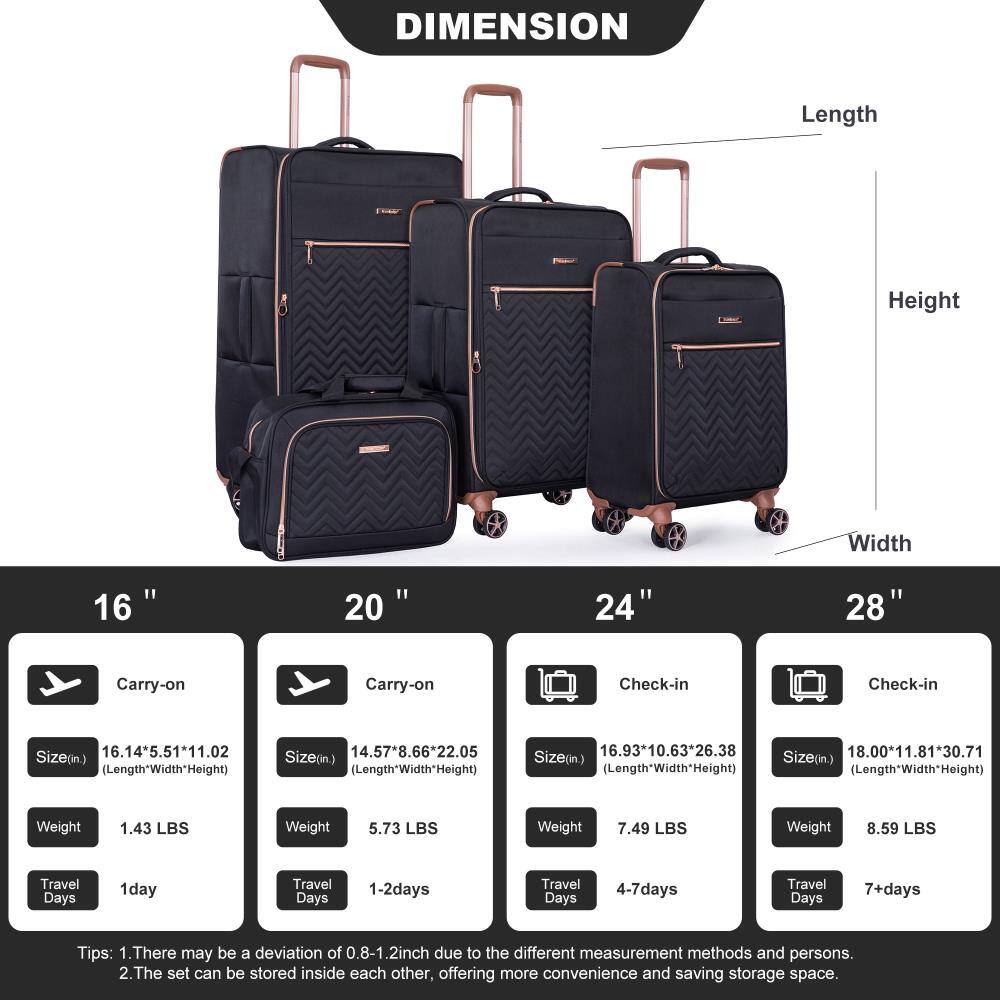 **DIMENSION**

- **16" Carry-on**
  - Size (in): 16.14" x 5.51" x 11.02"
  - Weight: 1.43 LBS
  - Travel Days: 1 day

- **20" Carry-on**
  - Size (in): 14.57" x 8.66" x 22.05"
  - Weight: 5.73 LBS
  - Travel Days: 1-2 days

- **24" Check-in**
  - Size (in): 16.93" x 10.63" x 26.38"
  - Weight: 7.49 LBS
  - Travel Days: 4-7 days

- **28" Check-in**
  - Size (in): 18.00" x 11.81" x 30.71"
  - Weight: 8.59 LBS
  - Travel Days: 7+ days

**Tips:**
1. There may be a deviation of 0.8-