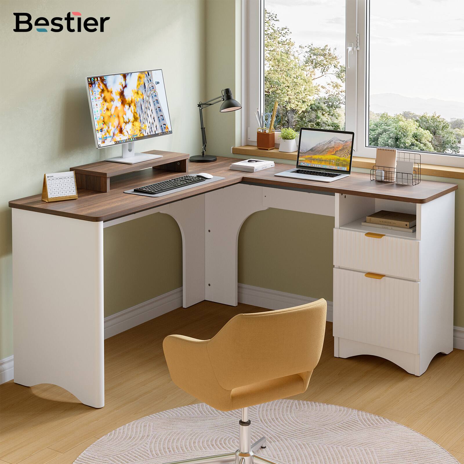 Alt View 2. Bestier - 55inch L-Shaped Computer Desk with File Drawer Monitor Stand and Fluted Panels Office Desk - Walnut.
