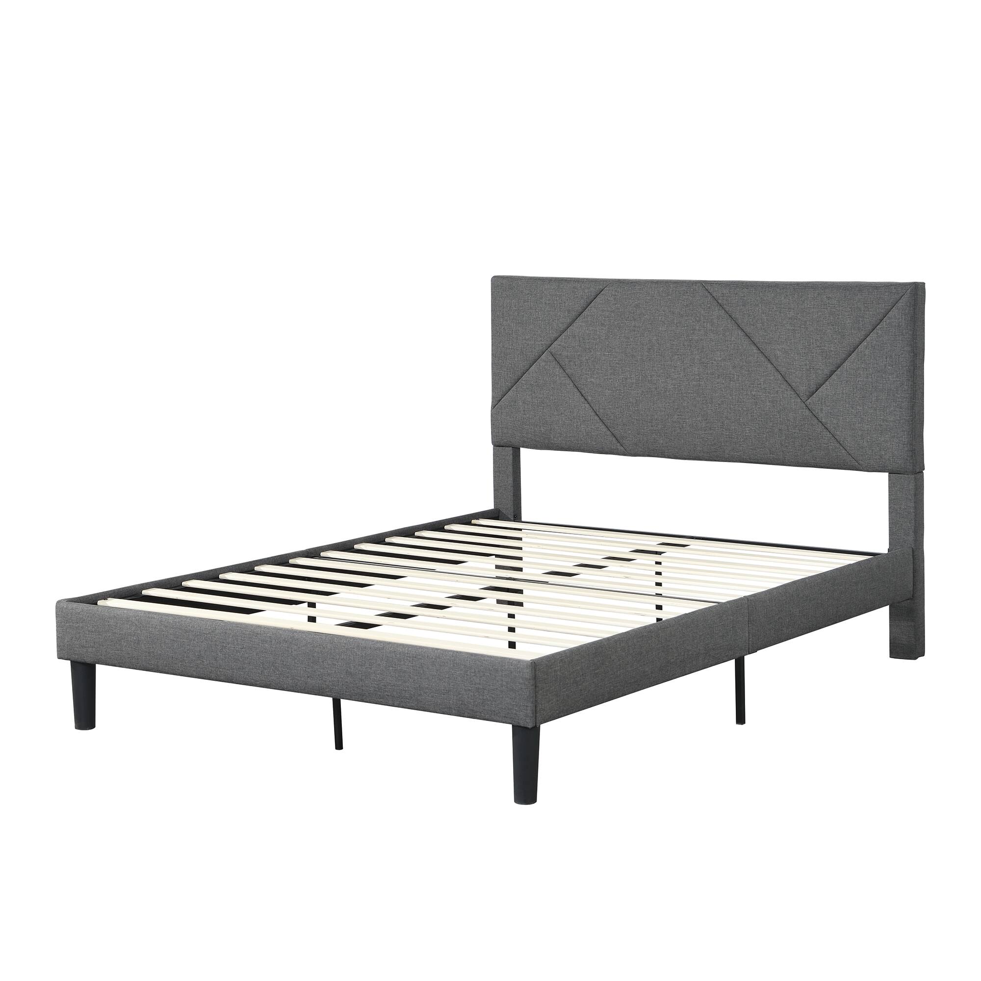 Back. LUCKY ONE - Full Size Upholstered Platform Bed Frame with Headboard - Gray.