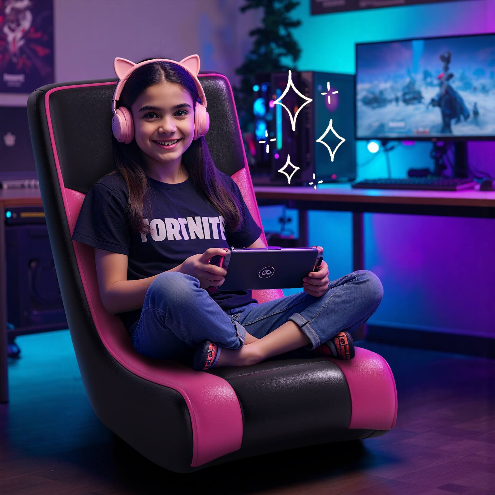Angle. GTPlayer - Rocker Floor Gaming Chair Ergonomic Comfortable Floor Rocker,Pink - Pink.