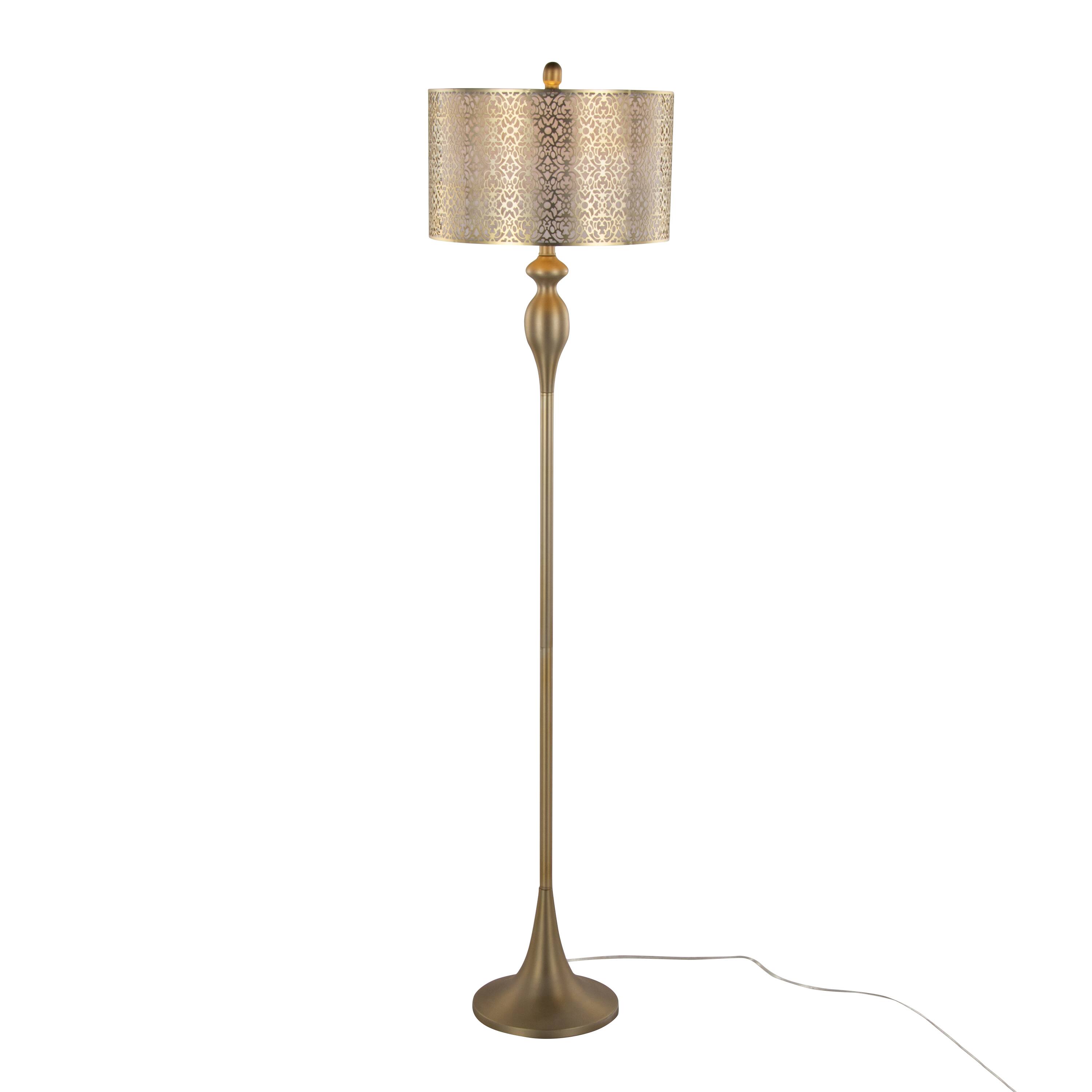 Angle. APRILSOUL - Ashland 63in Contemporary Metal Floor Lamp in Gold Metal with Laser Cut Metal and Off-White Linen Shade - Gold.