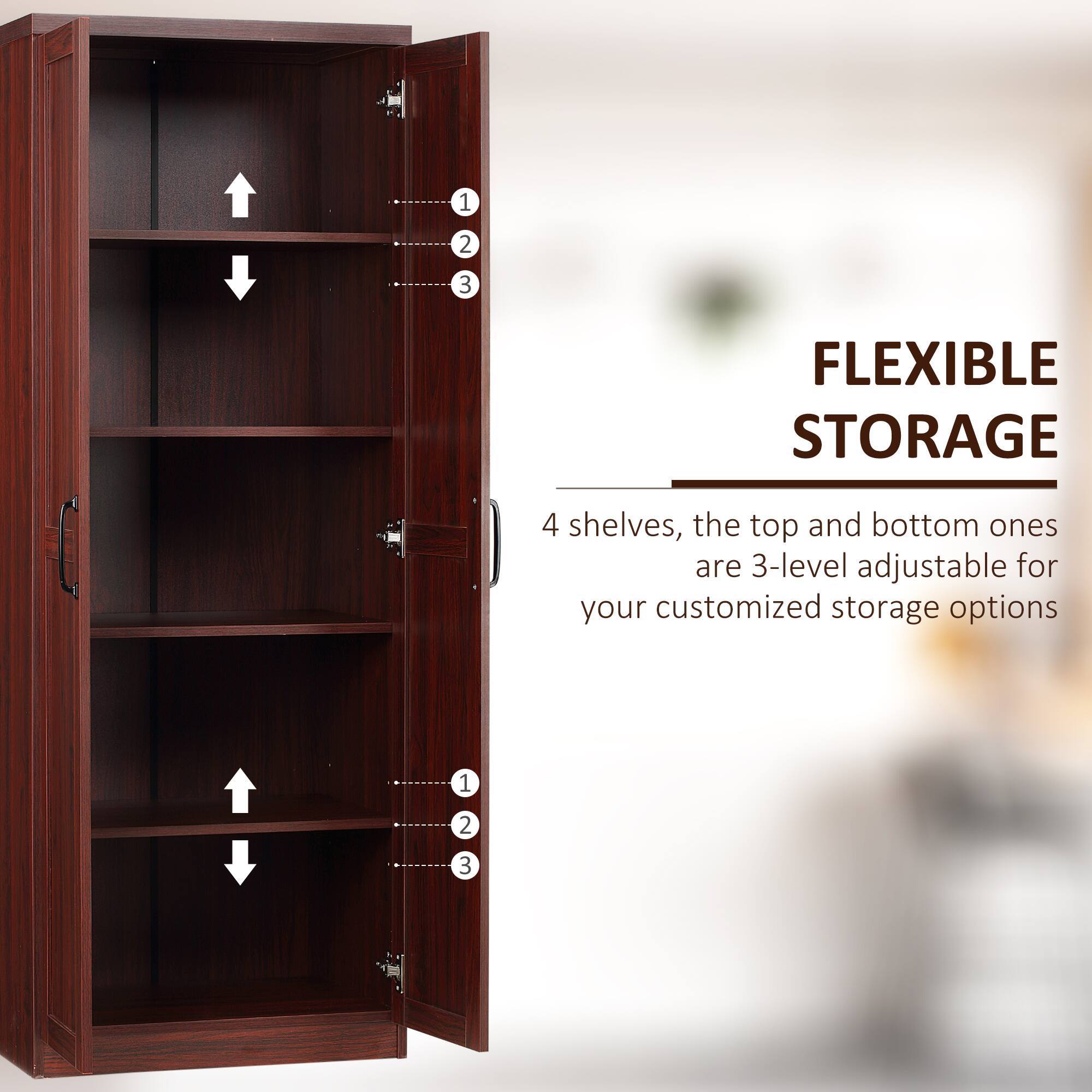FLEXIBLE STORAGE
4 shelves, the top and bottom ones are 3-level adjustable for your customized storage options
1 2 3