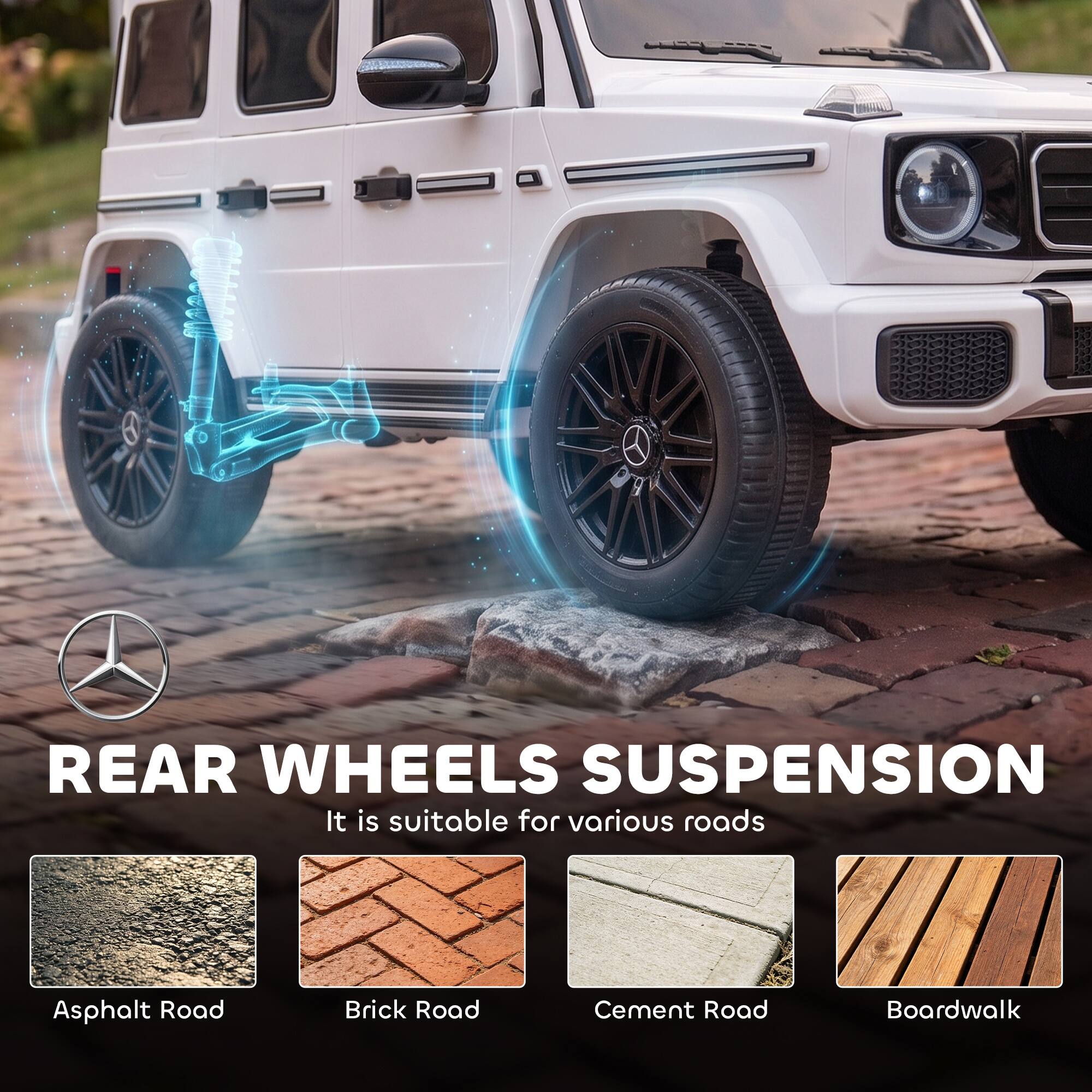 REAR WHEELS SUSPENSION  
It is suitable for various roads  
Asphalt Road  
Brick Road  
Cement Road  
Boardwalk