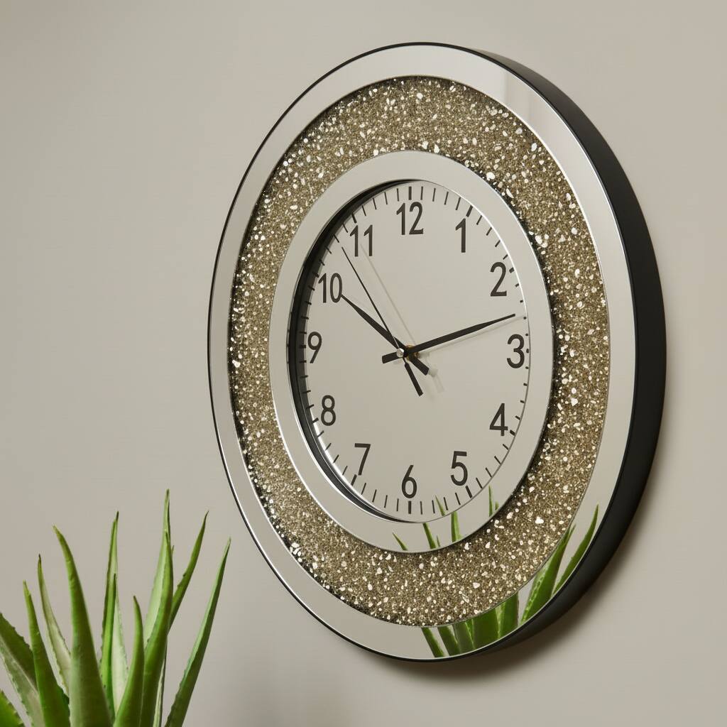Angle. FC Design - 19"H Gold & Mirrored Glittery Crystal Round Wall Clock - Multicolor.