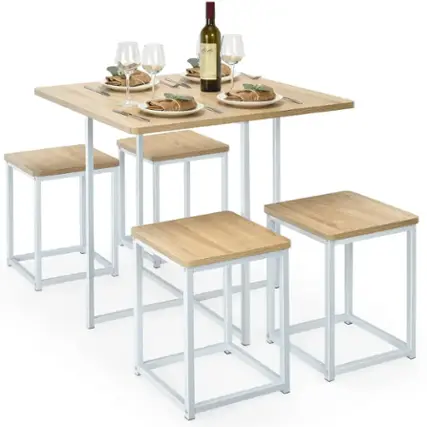 Front. Costway - 5pcs Dining Set Compact Dining Table and 4 Stools Metal Frame Nature\ Vintage White - Walnut and Black.