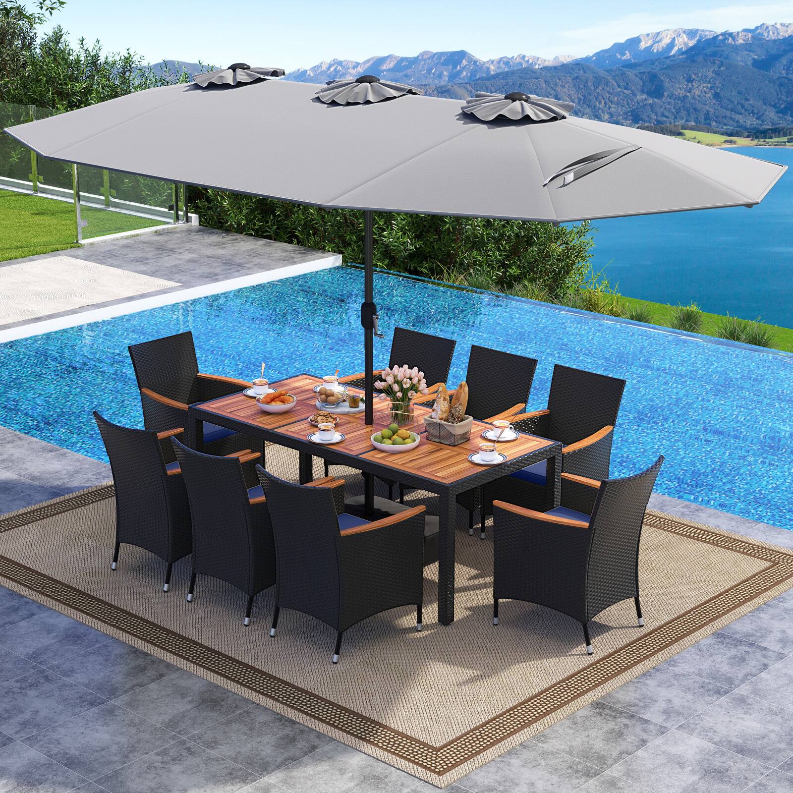 Alt View 3. Costway - Costway 11 PCS Patio Wicker Dining Set with Double-Sided Outdoor Umbrella 8 Stackable Chairs - Gray+Navy.