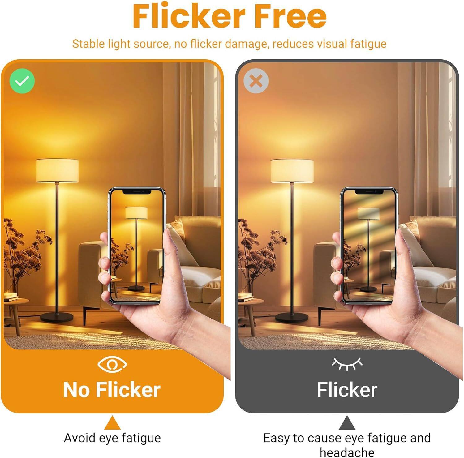 Flicker Free  
Stable light source, no flicker damage, reduces visual fatigue  

No Flicker  
Avoid eye fatigue  

Flicker  
Easy to cause eye fatigue and headache