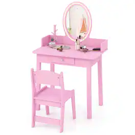 Costway - Kids Vanity Set with Lighted Mirror Chair 2-Color LED Lighting for Girls Makeup - Pink