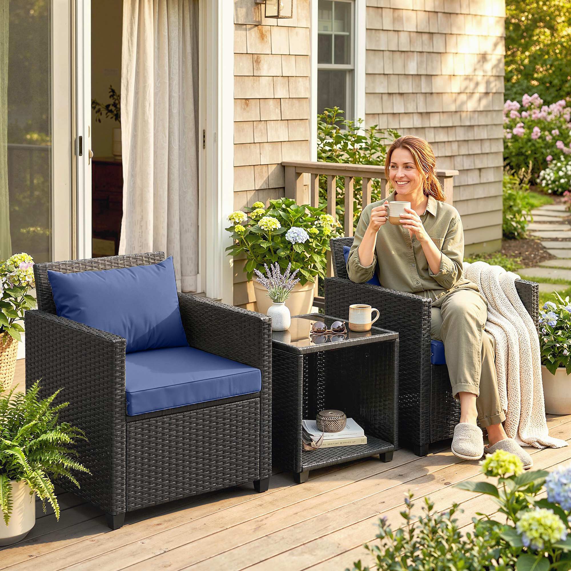 Alt View 1. Outsunny - Piece Patio Bistro Set, Wicker Furniture Set with Thick Cushions, Glass Coffee Table and Chairs for Garden - Dark Blue.