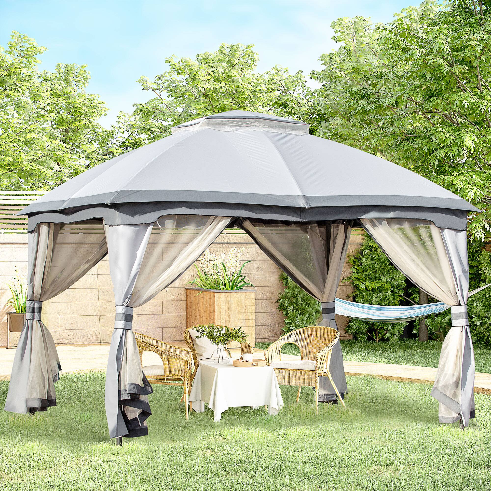 Angle. Outsunny - 10' x 12' Outdoor Gazebo, Patio Gazebo Canopy Shelter w/Double Vented Roof, Zippered Mesh Sidewalls - Grey.