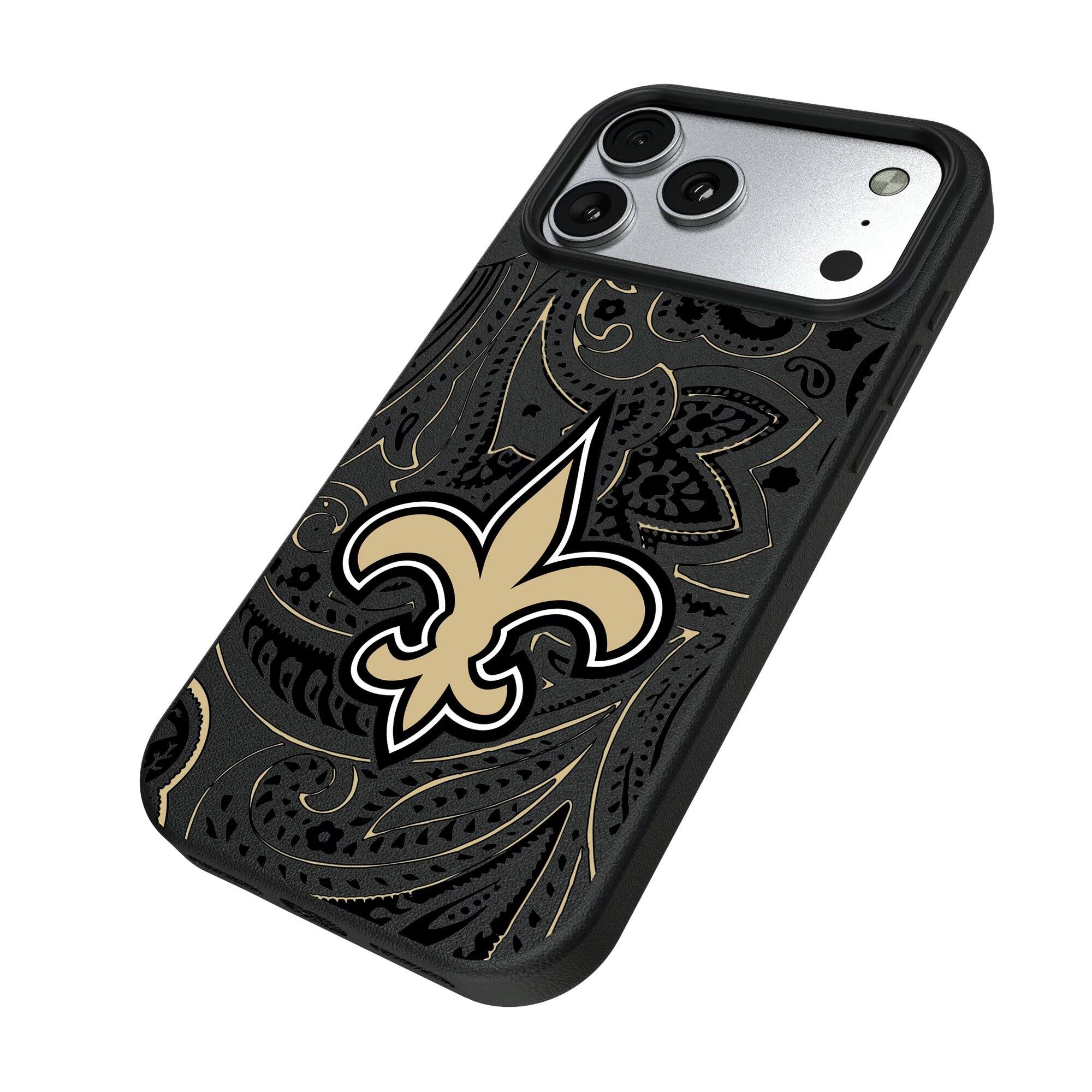 Alt View 1. Keyscaper - New Orleans Saints Paisley iPhone Magnetic Bump Case - 15 Pro - Black.
