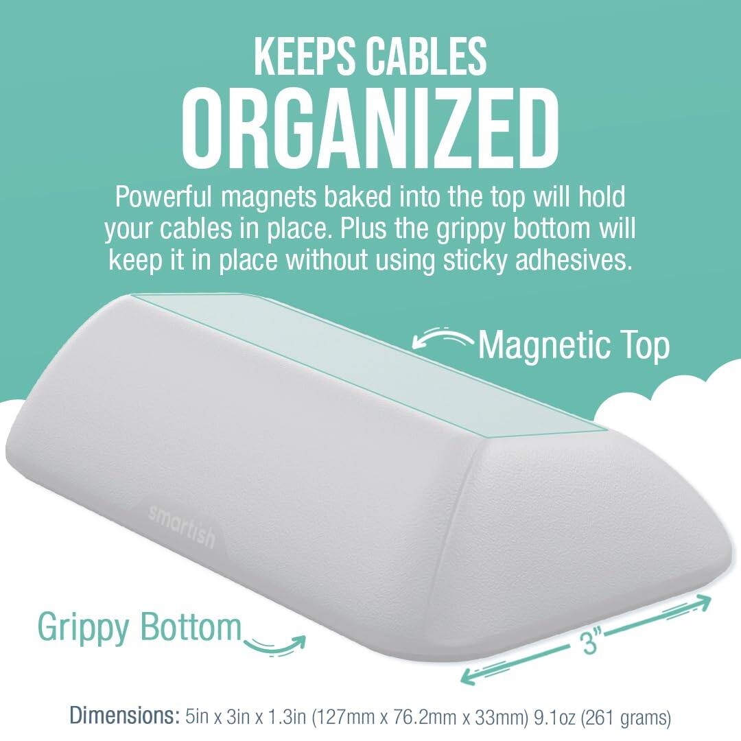 KEEPS CABLES ORGANIZED

Powerful magnets baked into the top will hold your cables in place. Plus the grippy bottom will keep it in place without using sticky adhesives.

Magnetic Top  
Grippy Bottom

Dimensions: 5in X 3in X 1.3in (127mm X 76.2mm X 33mm)  
9.1oz (261 grams)