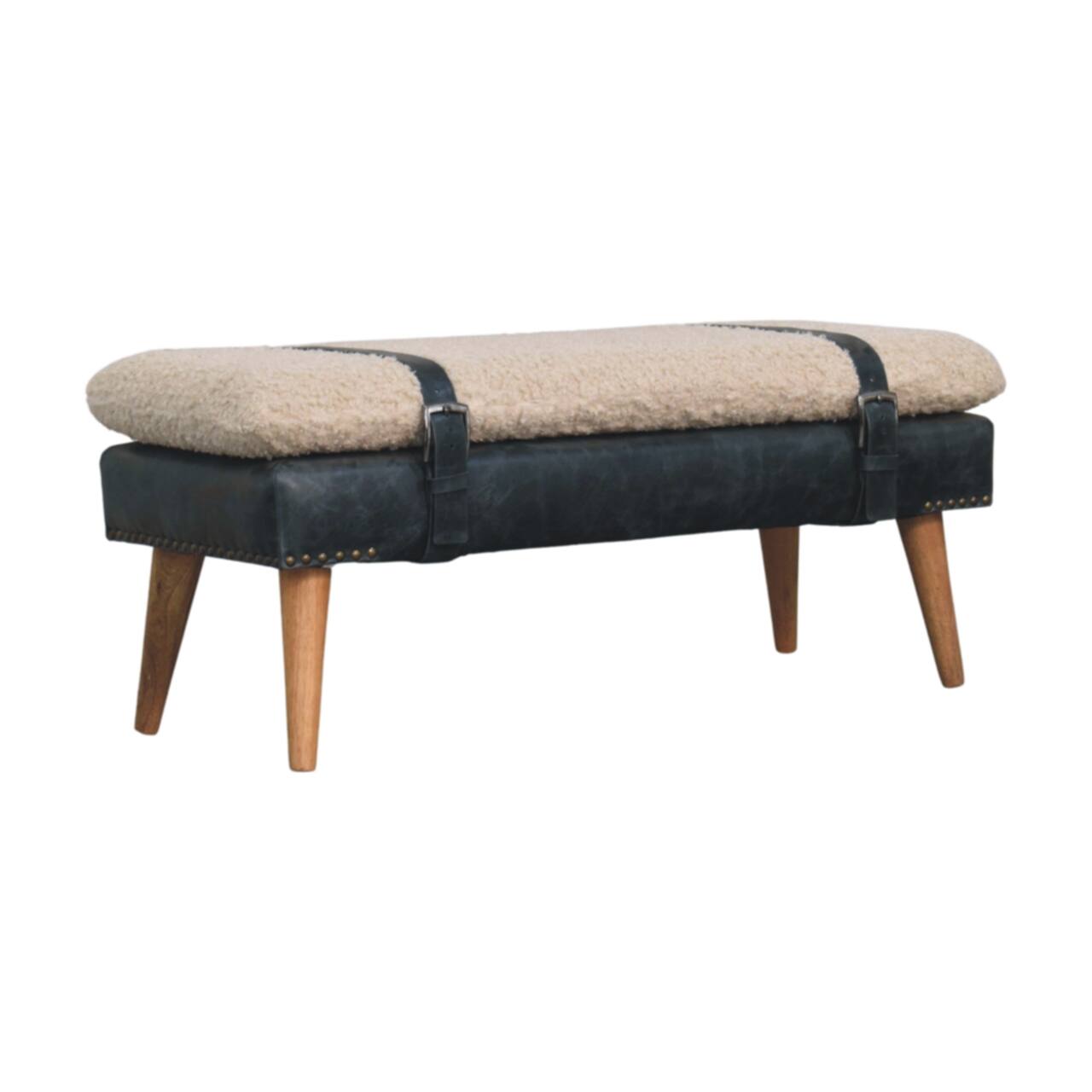 Left. Artisan Furniture - Artisan Furniture Solid Wood Boucle x Black Leather Bench, Upholstered, Black and White - Black and White.