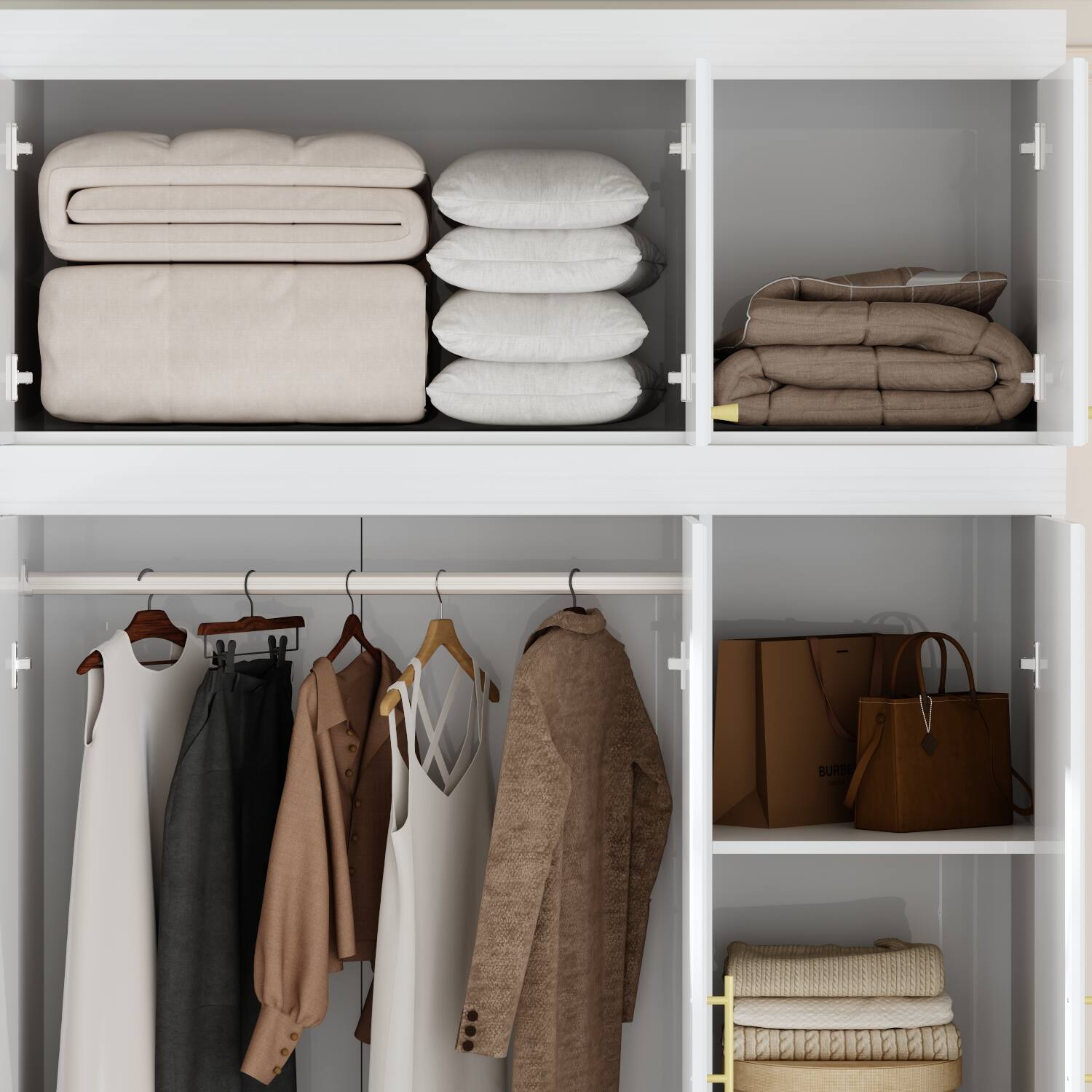 Alt View 2. Famapy - Extra-Large Wardrobe with Top Cabinet – White Closet with Gold Handles, Hanging Rods, Drawers & Shelving - White.