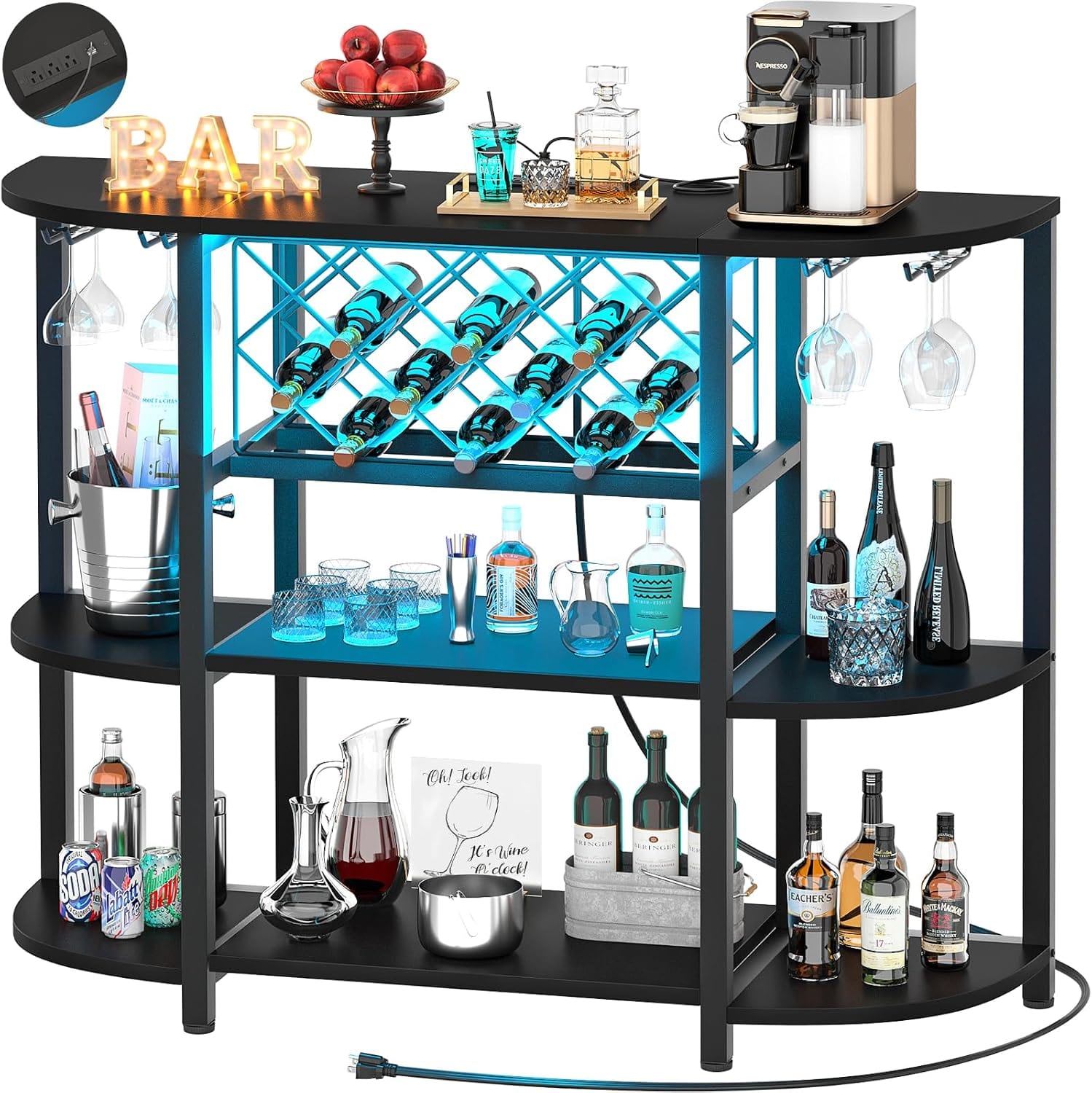 Aheaplus - 4-Tier Wine Bar Cabinet with Power Outlets, Floor Standing Wine Rack with LED Lights and Glass Holder - Black