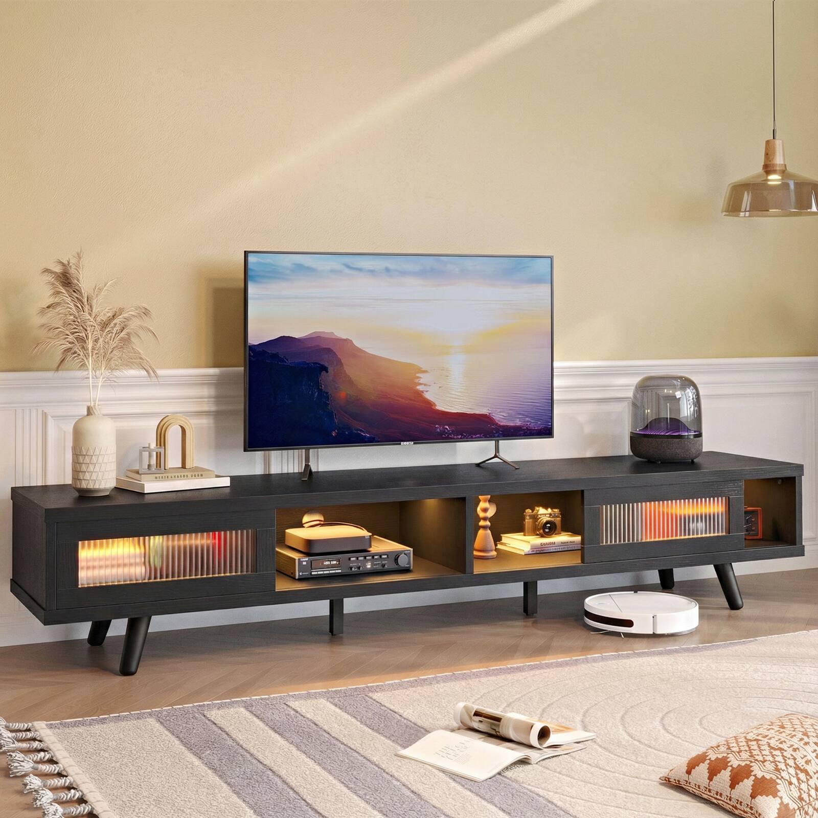 Left. Bestier - 70" LED TV Stand Mid-Century Modern Gaming Entertainment Center with Sliding Glass Door - Black.