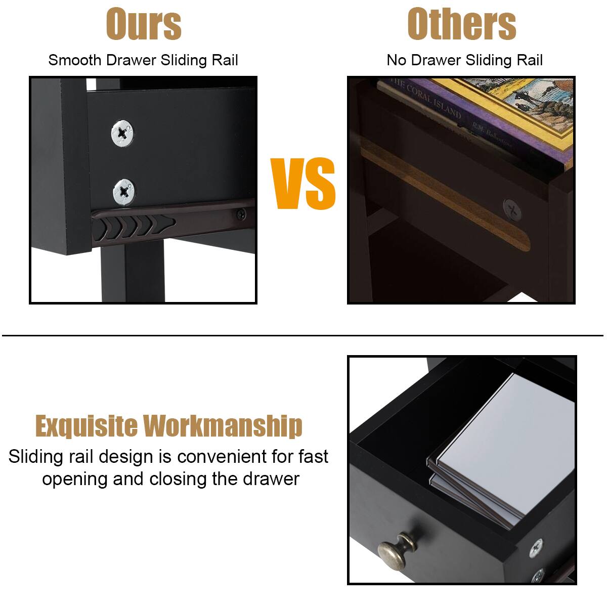 **Ours**  
Smooth Drawer Sliding Rail

**Others**  
No Drawer Sliding Rail

**VS**

**Exquisite Workmanship**  
Sliding rail design is convenient for fast opening and closing the drawer