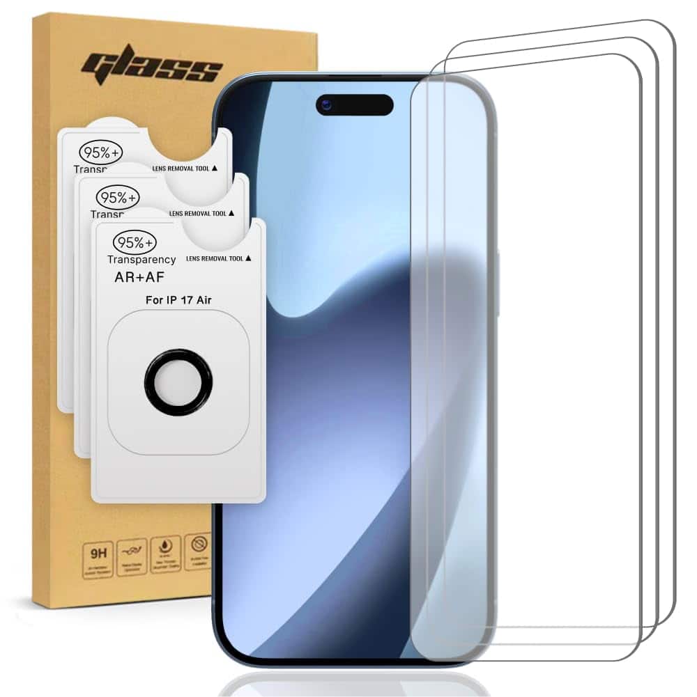 RomeTech - Apple iPhone 17 Air Tempered Glass Screen Protector, 3 Screen Protectors + 3 Camera Lens Protectors - Transparent
