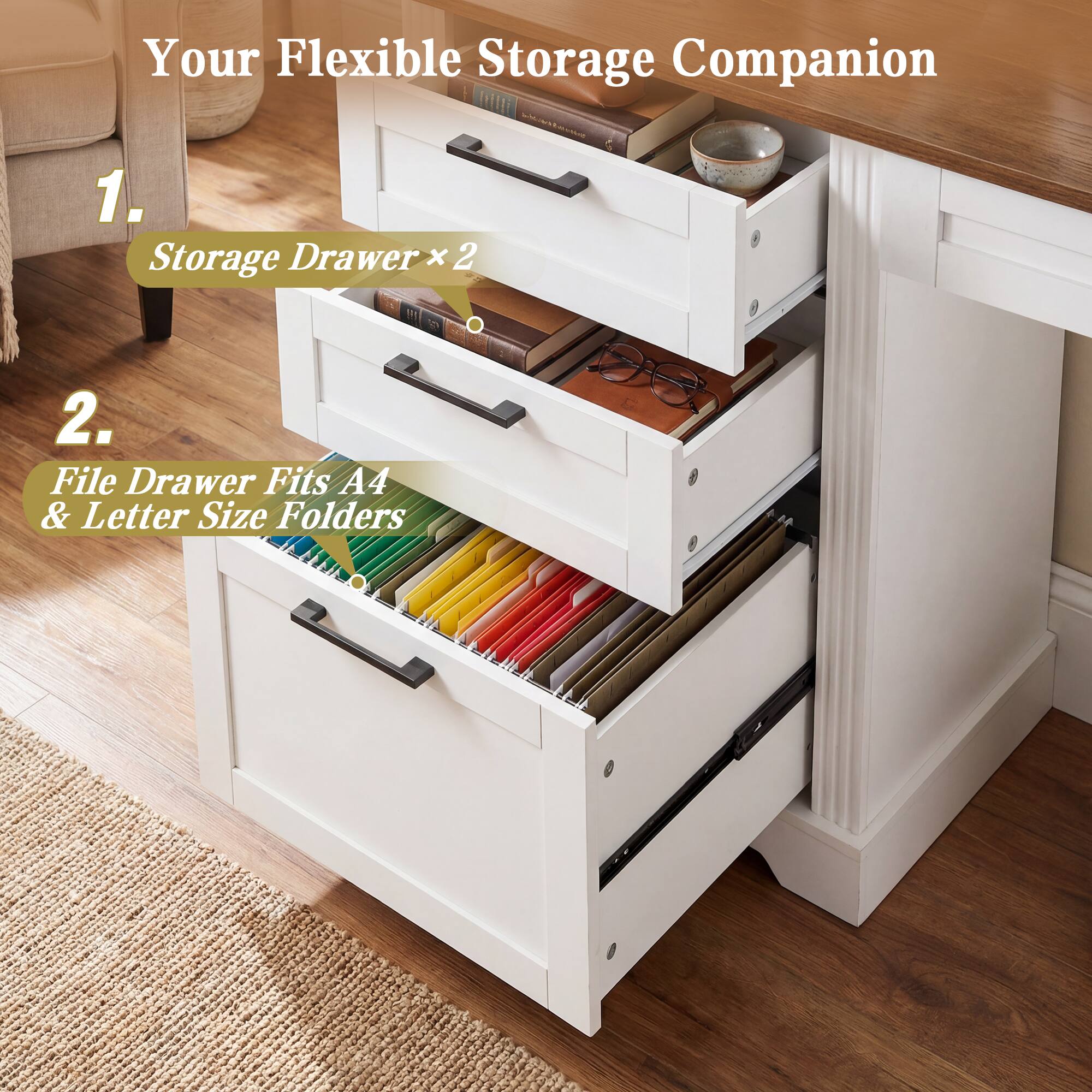 Your Flexible Storage Companion  
1. Storage Drawer x 2  
2. File Drawer Fits A4 & Letter Size Folders