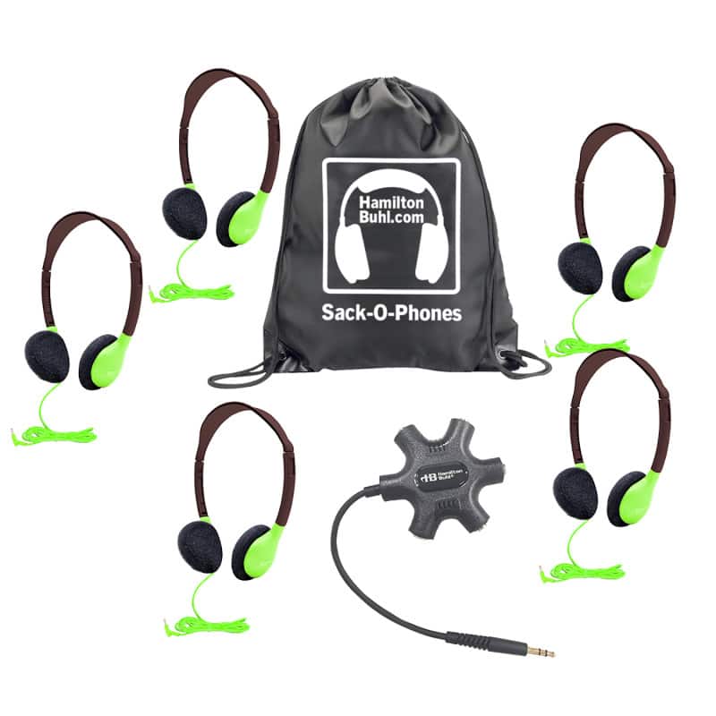 HamiltonBuhl - Galaxy Econo-Line of Sack-O-Phones with 5 Green Personal-Sized Headphones, Starfish Jackbox and Carry Bag