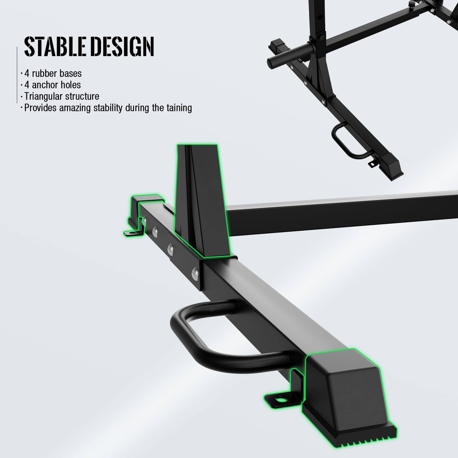 STABLE DESIGN

- 4 rubber bases
- 4 anchor holes
- Triangular structure
- Provides amazing stability during the training