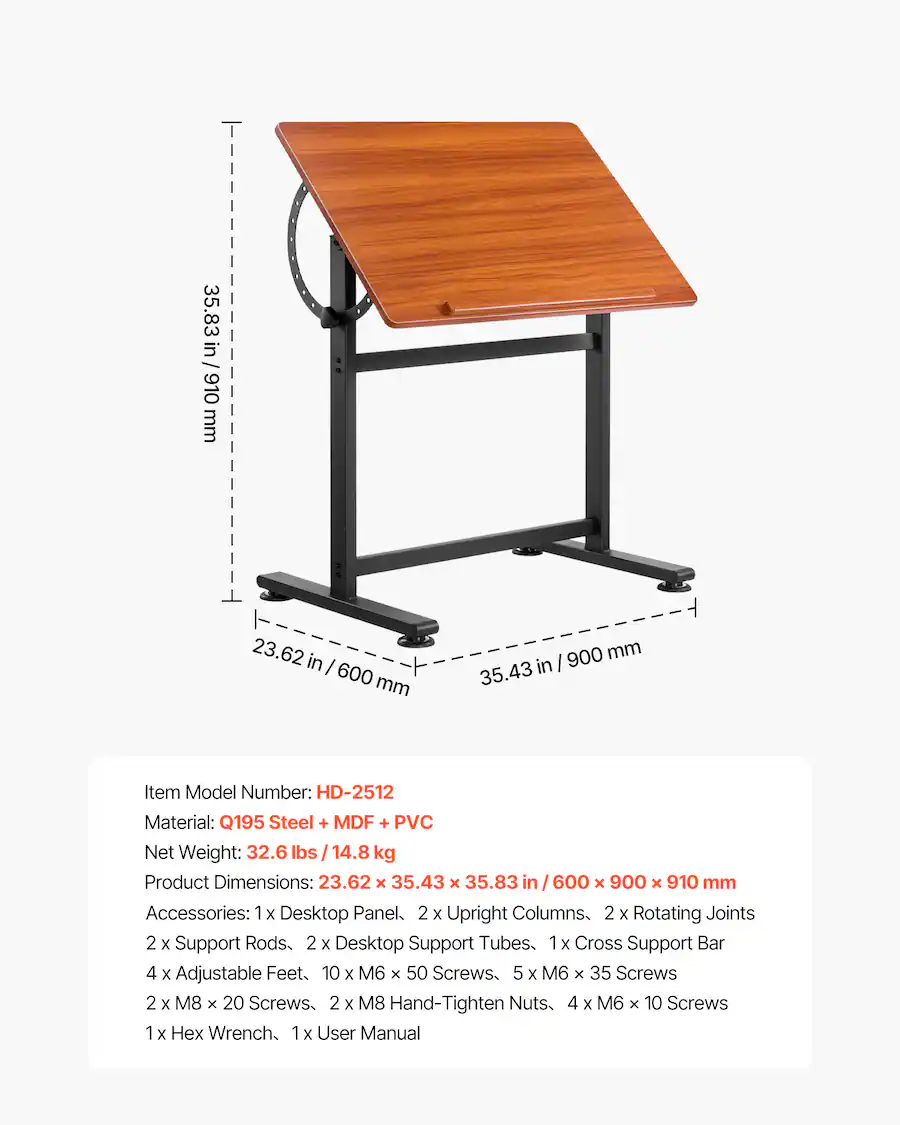 Compact Drawing Table VEVOR Drafting Table, Adjustable 0°–90° Tilt Drawing Desk, Portable ...