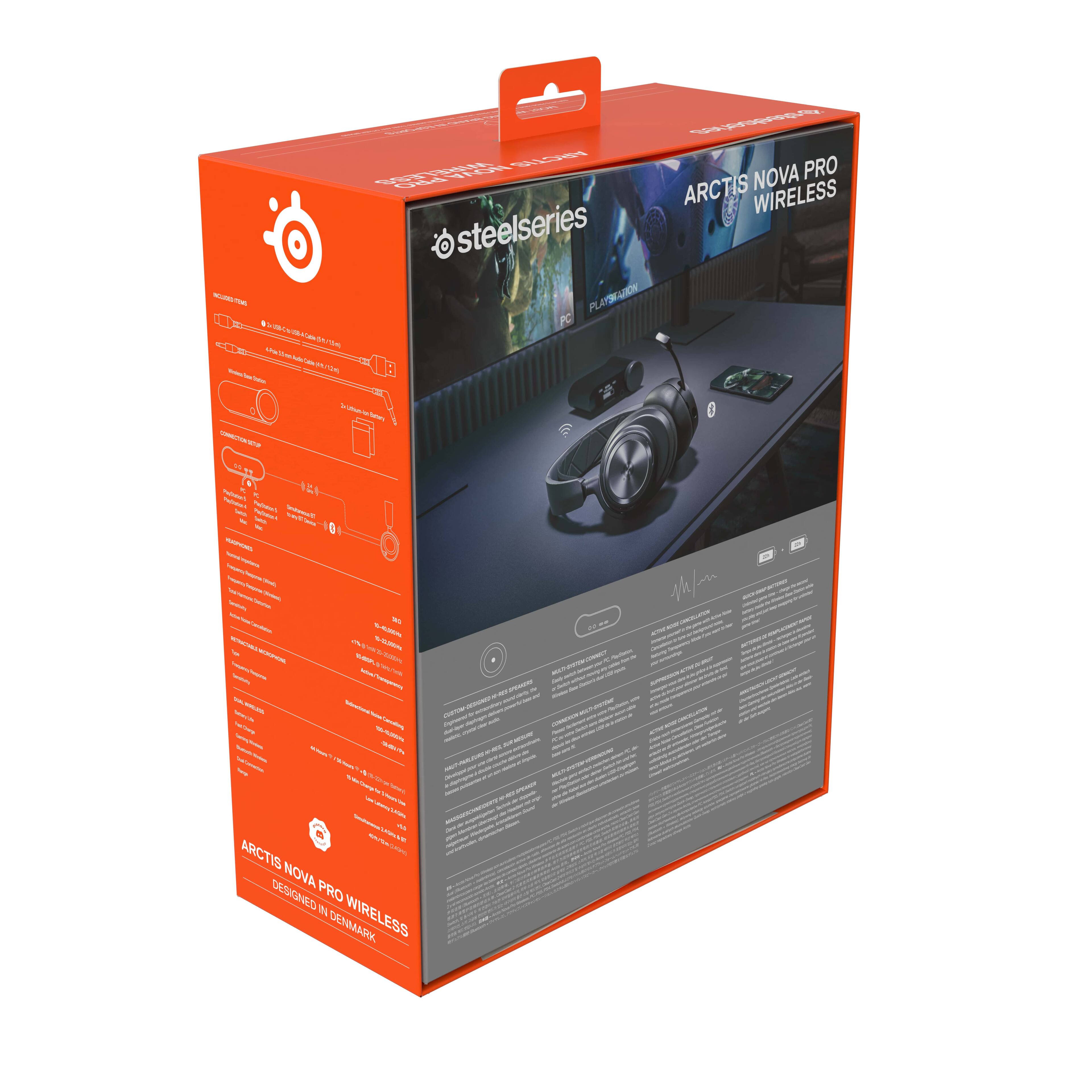 The box is for the Steelseries Arctis Pro Wireless headset. It features a design that is both sleek and functional, with a focus on comfort and durability. The headset is compatible with a variety of devices, including gaming consoles, PCs, and mobile devices. The box also includes a detailed guide to help users set up and use the headset, as well as a warranty card for added peace of mind.