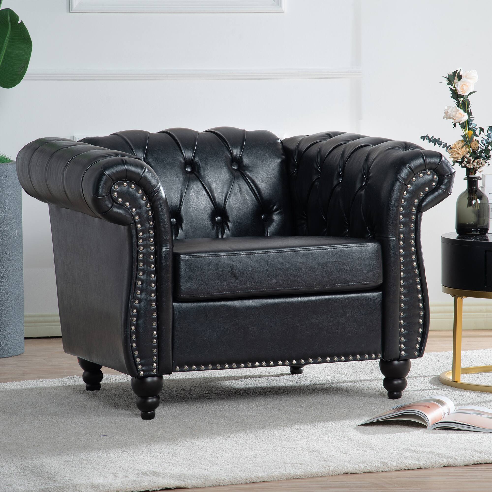Angle. Boyel Living - Traditional Faux Leather Upholstered Club Chair - Black and Matte Black and Silver.