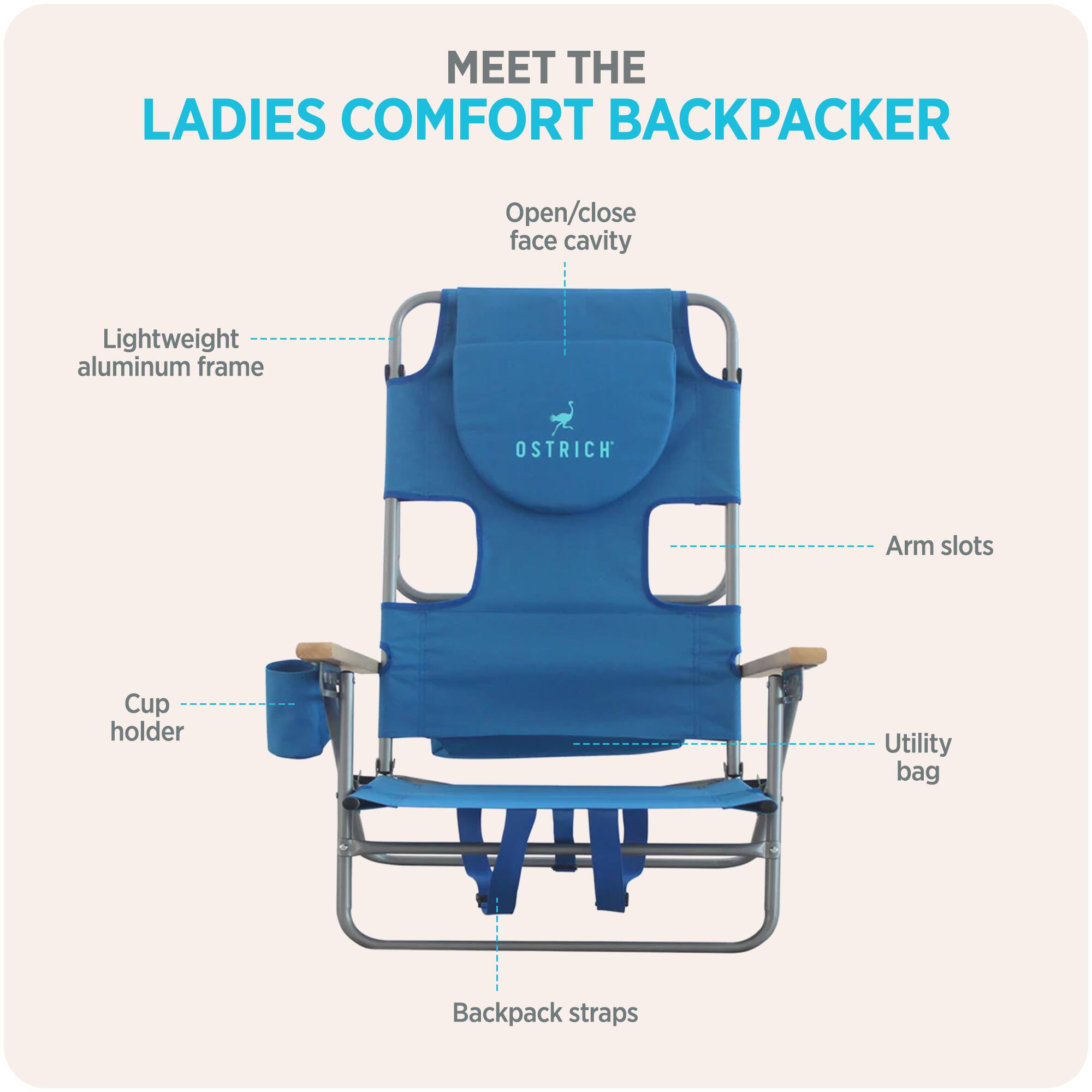 MEET THE LADIES COMFORT BACKPACKER

- Open/close face cavity
- Lightweight aluminum frame
- Arm slots
- Cup holder
- Utility bag
- Backpack straps
