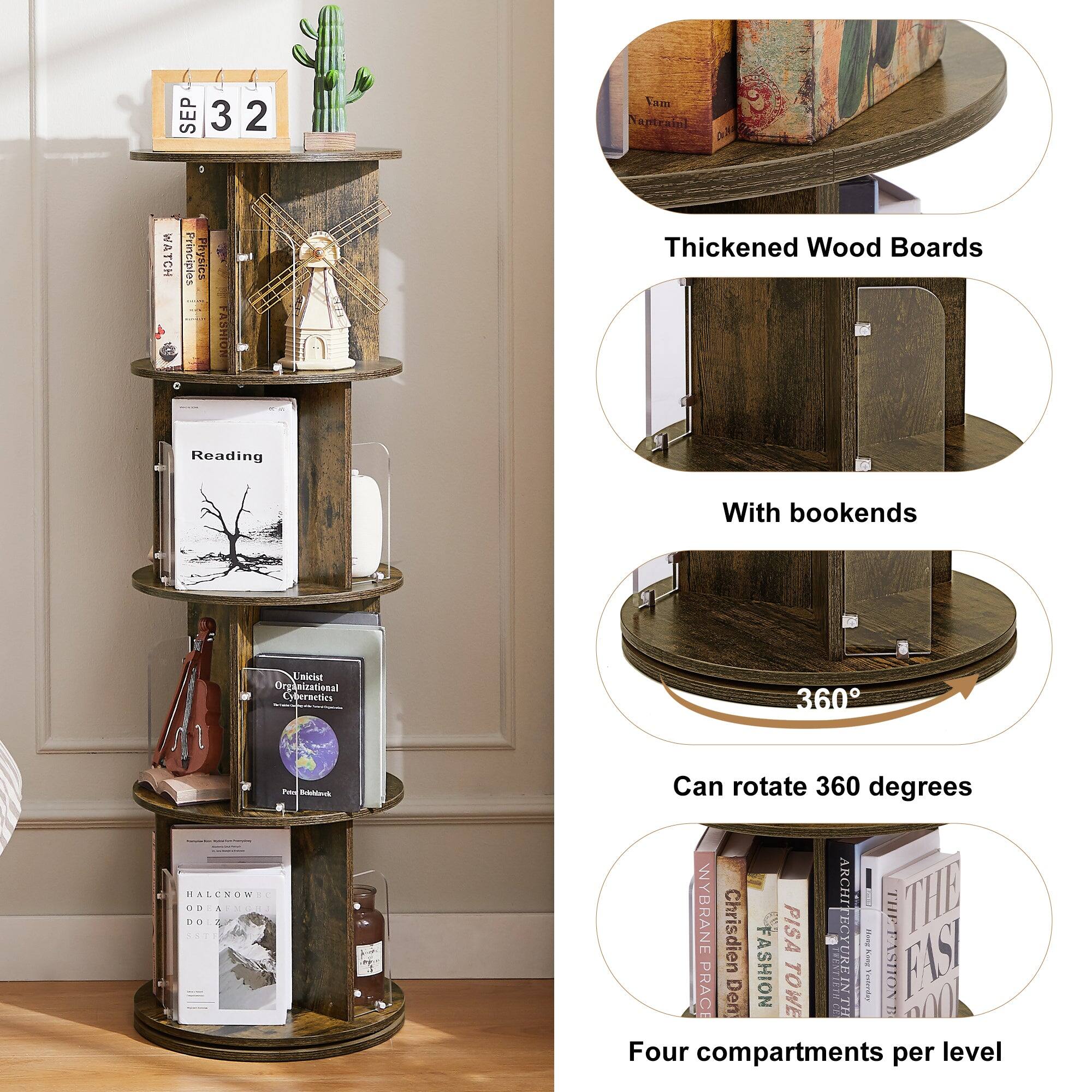 SEP 3 2  
Thickened Wood Boards  
With bookends  
Can rotate 360 degrees  
Four compartments per level
