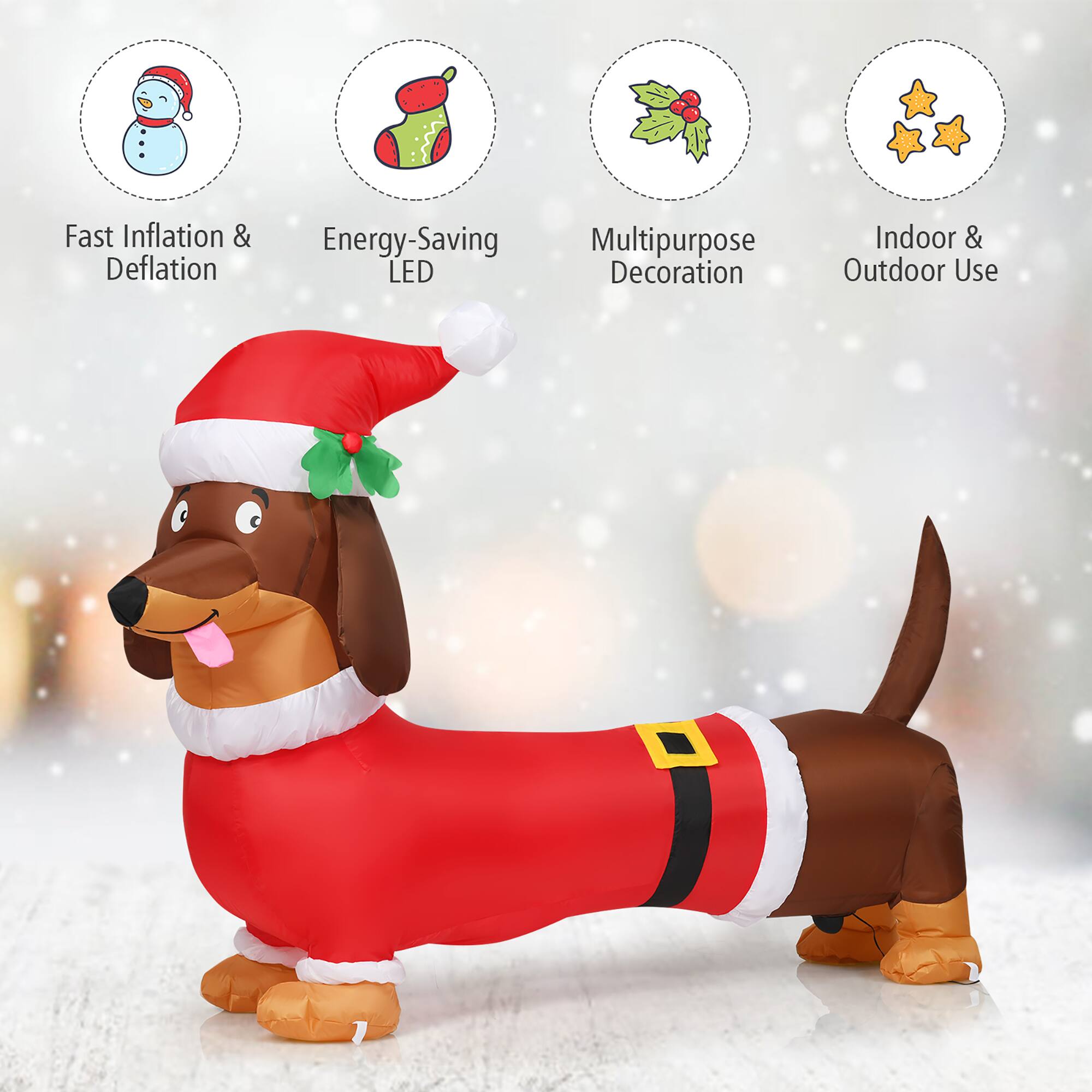 The text on the image is grouped and corrected as follows:

1. Fast Inflation & Deflation: This feature allows for quick and easy inflation or deflation of the dog's costume, making it convenient for users to put it on or take it off.
2. Energy-Saving: The dog's costume is designed to be energy-efficient, which helps users save on electricity costs.
3. Multipurpose: The dog's costume can be used for various occasions, such as holidays, parties, or other festive events.
4. LED Decoration: The dog's costume features LED lights, which can be used to decorate indoor or outdoor spaces during nighttime or low-light events.
5. Indoor & Outdoor Use: The dog's costume is suitable for use in both indoor and outdoor settings, making it versatile for different environments.